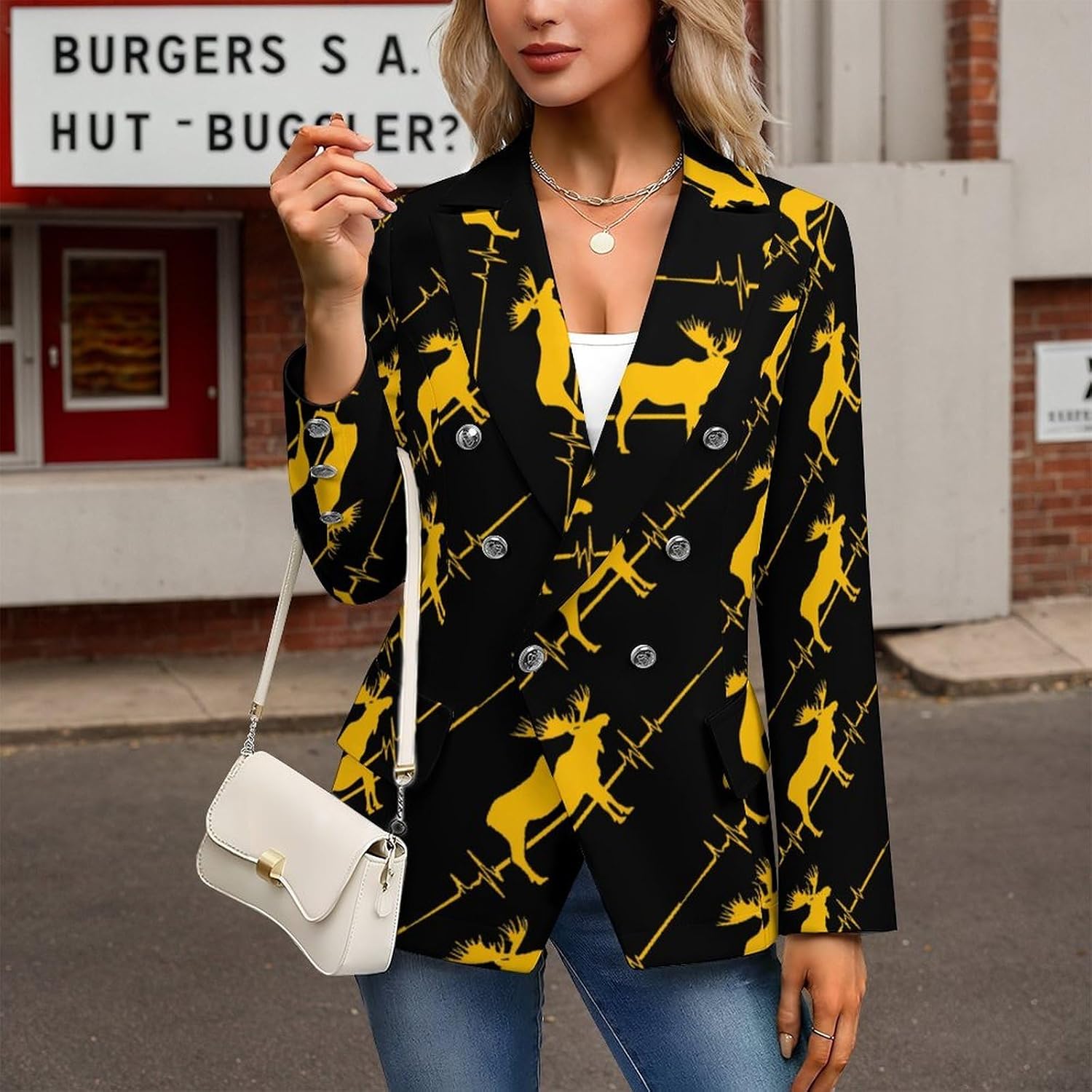 Moose Heartbeat Women's Blazer Long Sleeve Suits Business Casual Blazers Jackets Lapel Open Front Suit