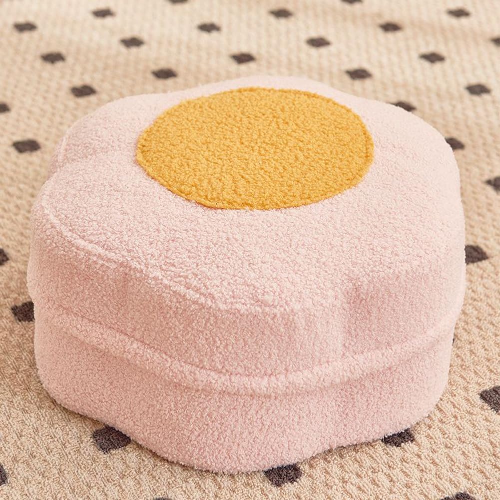 Pouf lavable en velours avec fleur duveteuse et coussin de sol polyvalent rose de 41x41x20 cm