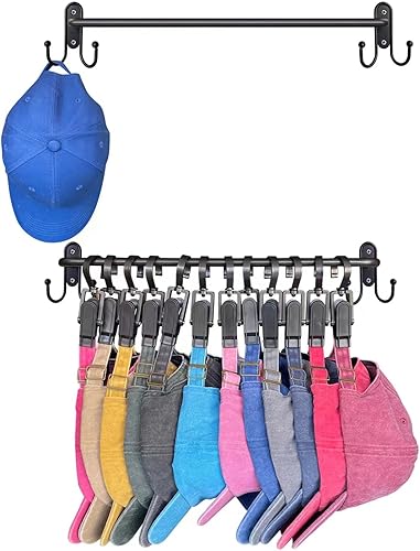 SDGINA Hat Racks for Baseball Caps Hat Rack for Wall with 24 Clips and 8 Metal Wall Mounted Hooks Great Hat Storage Hat Organizer for Baseball Caps