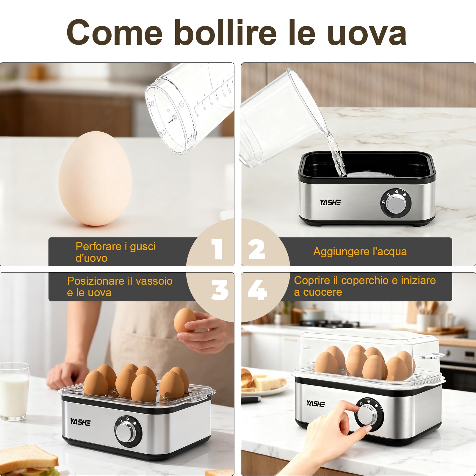 YASHE Cuociuova elettrico in acciaio inox per 8 uova sode, medie e alla coque, in camicia con spegnimento automatico e cicalino, include ciotola per frittata e misurino, senza BPA