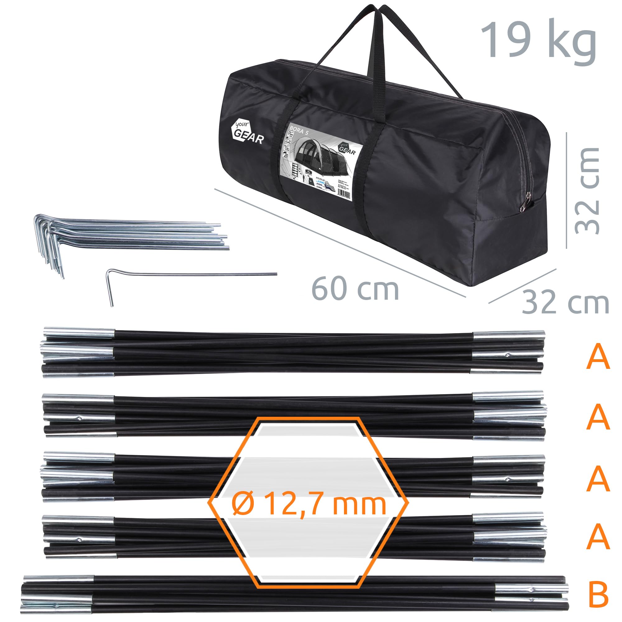 your GEAR Bora Tente tunnel familiale 5 personnes Hauteur debout Bac de sol étanche 5000 mm Auvent Gris