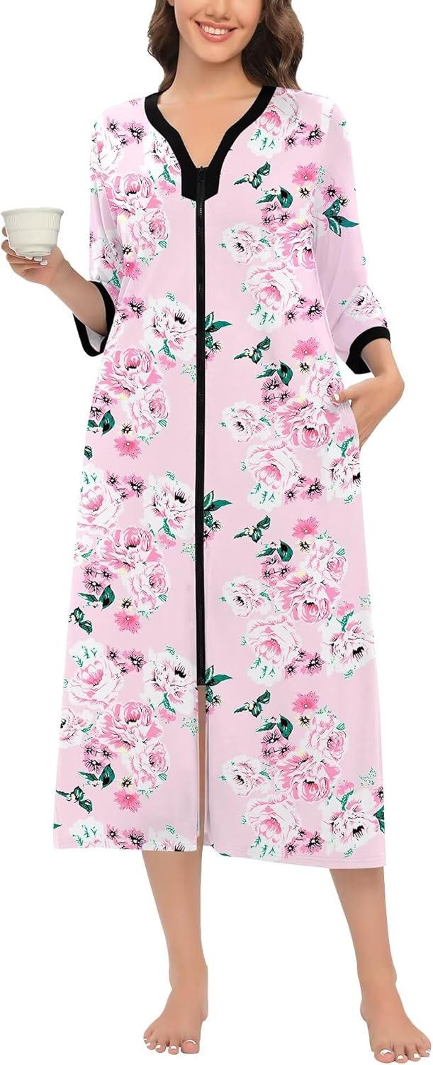 SWOMOG Women Zipper Robe Long Housecoat Zip Up Bathrobes Full Length Nightgown Loungewear with Pockets S-3XL - Image 3