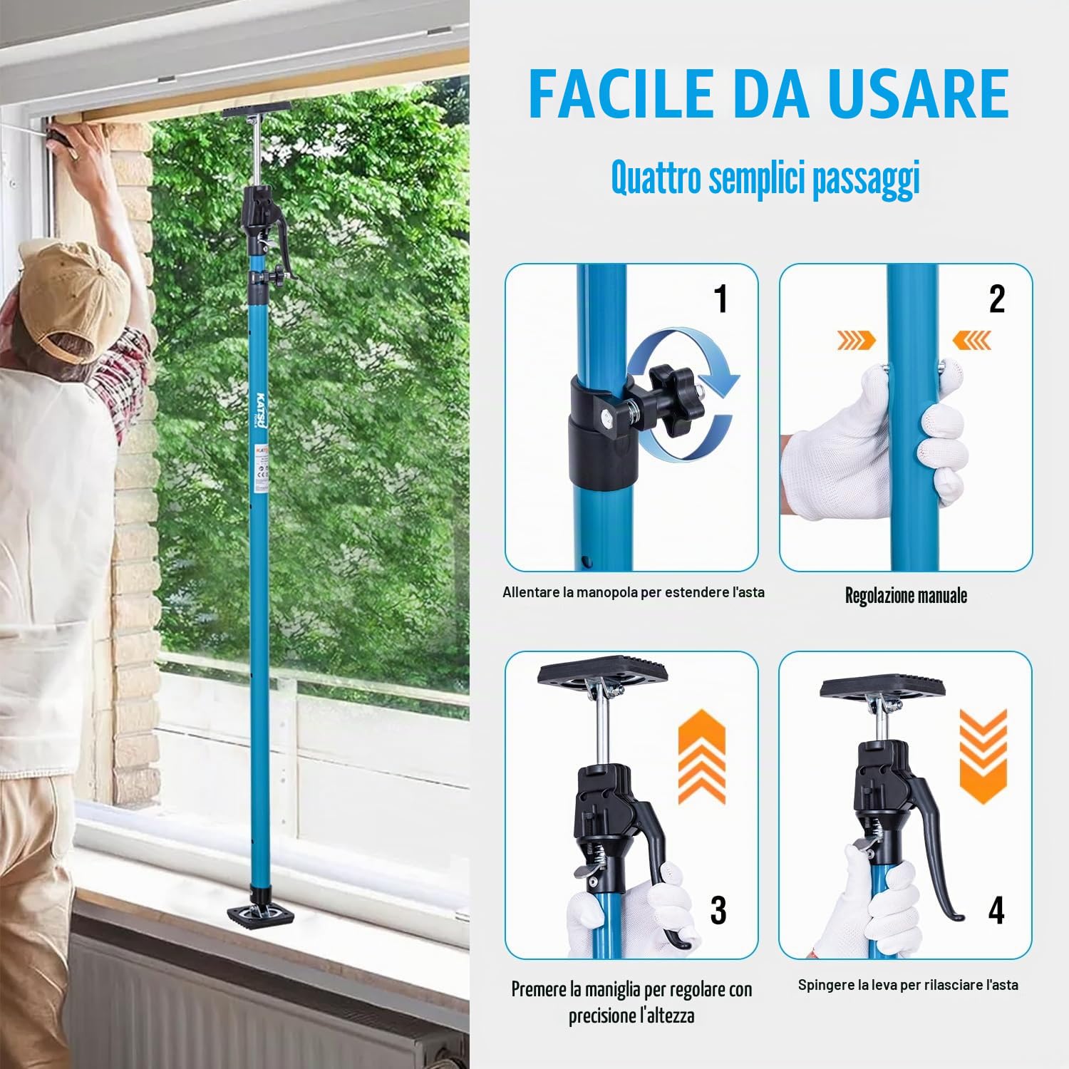 KATSU Tools Supporto telescopico per soffitto, confezione da 2, 125-290 cm, in acciaio, capacità di carico 40 kg, per posizionamento, tenuta e fissaggio di cartongesso