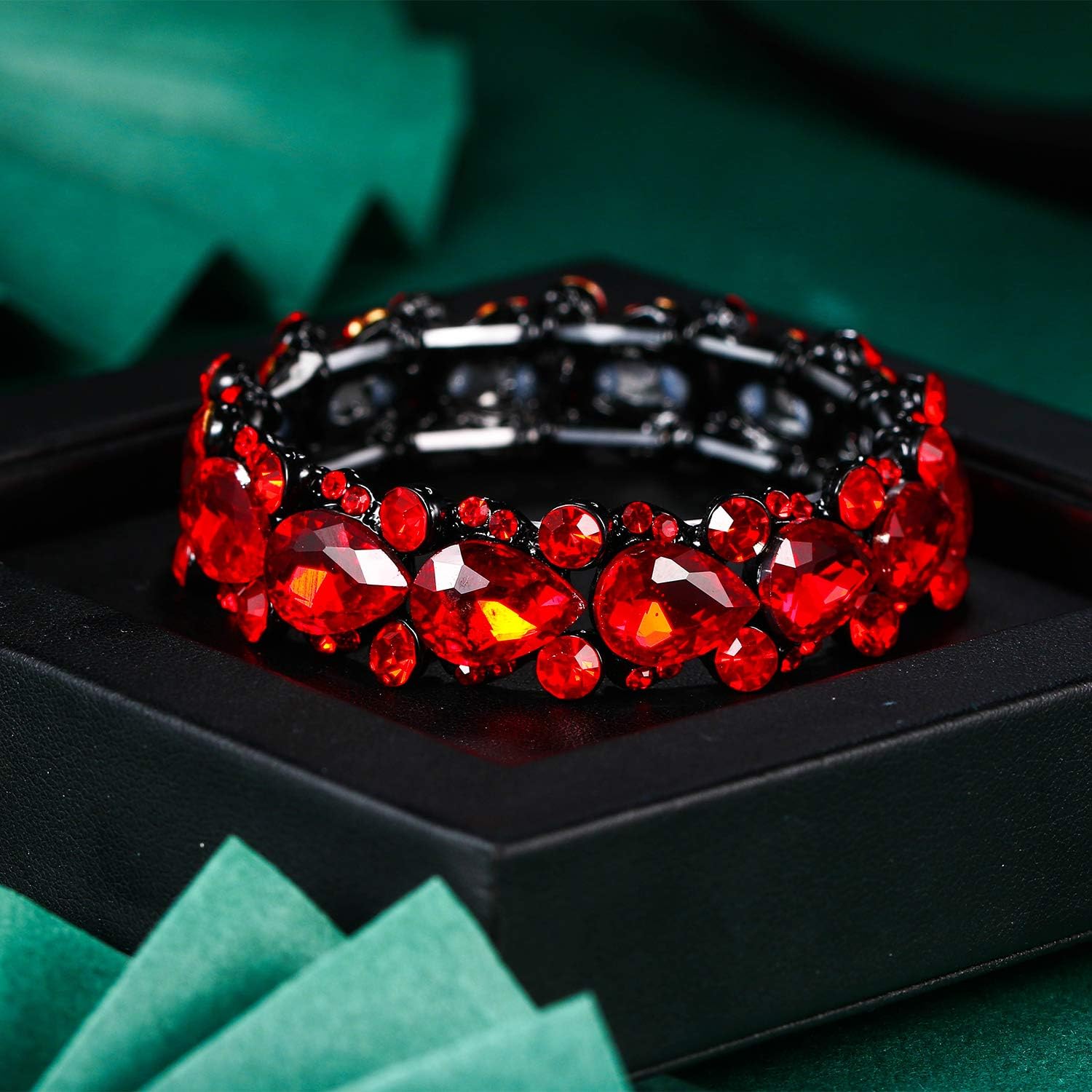 Flyonce Women's Austrian Crystal Wedding Bridal Floral Tear Drop Elastic Stretch Bracelet - Image 5