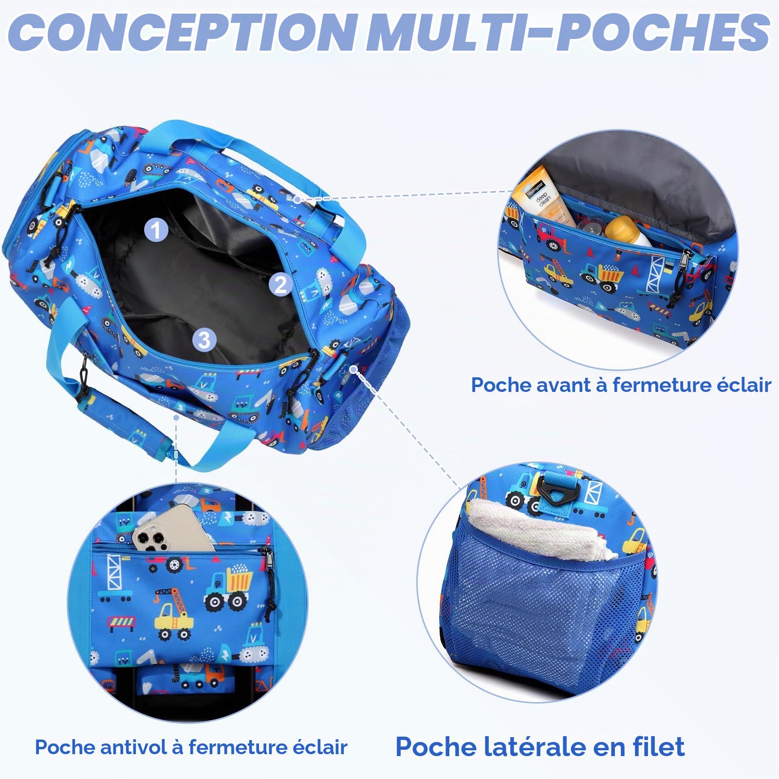 Sac de Voyage Enfant, 26,5L Grande Sac de Sport Garçon Fille Imperméable Sac de Bagage à Main Multifonctionnel avec Housse Bagage et Compartiment à Chaussures Camion Bleu