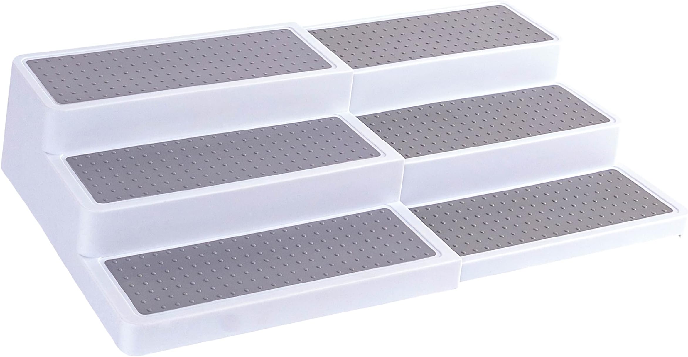 Oizeir 3–Tier Expandable Plastic Spice Rack - Adjustable Length, Stability with Non-Skid Shelf, Three Tiers for Easy Visibility, Organizer for Kitchen Cabinet, Pantry or Countertop, White/Grey