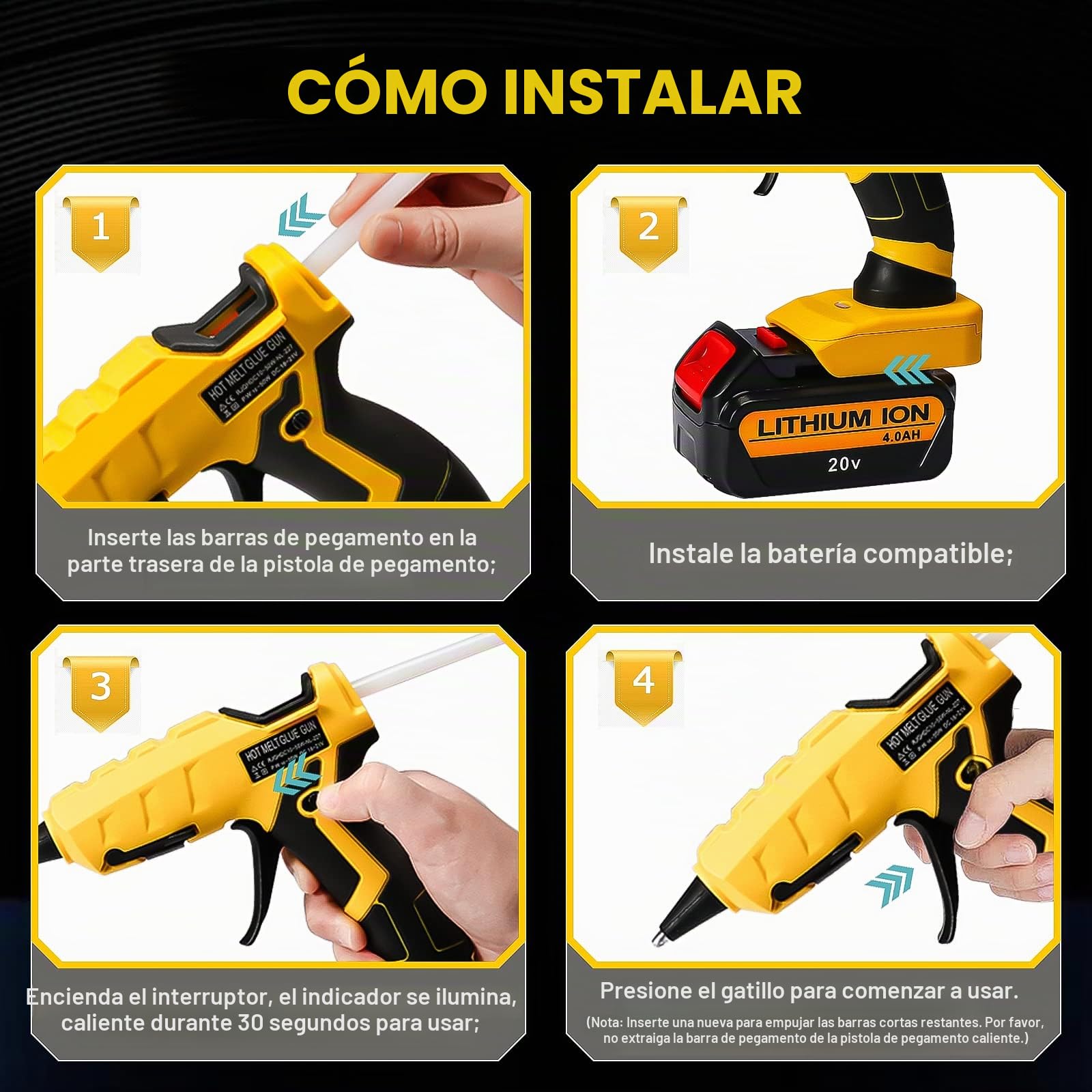 Pistola de pegamento caliente inalámbrica para Dewalt 18 V/20 V, batería de ion de litio, 30 segundos de precalentamiento rápido, pistola de pegamento caliente con 30 barras de pegamento (7 x 150 mm