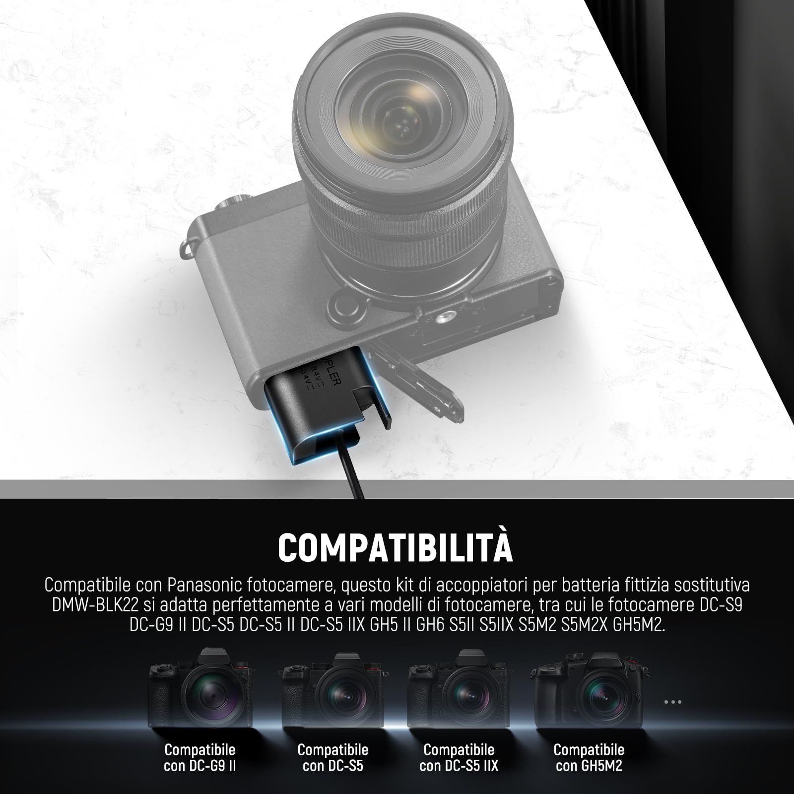 NEEWER Adattatore AC Power DMW-BLK22 & Kit Caricabatterie Batteria Factice Accoppiatore DC Compatibile con Panasonic Lumix GH5 II GH6 II S5II S5IIX S5M2 S5M2X GH5M2