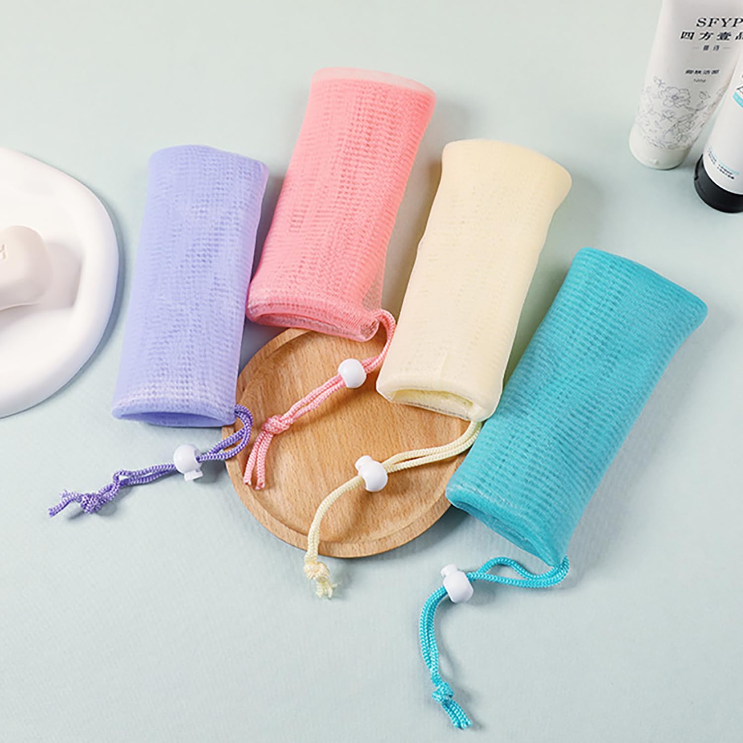 10Packs Exfoliating Mesh Soap Bag Mesh Saver Pouch Bubble Foaming Nets Pocket Drawstring Foaming Net Soap Bag for Shower Body Facial Cleaning Tool Random Color