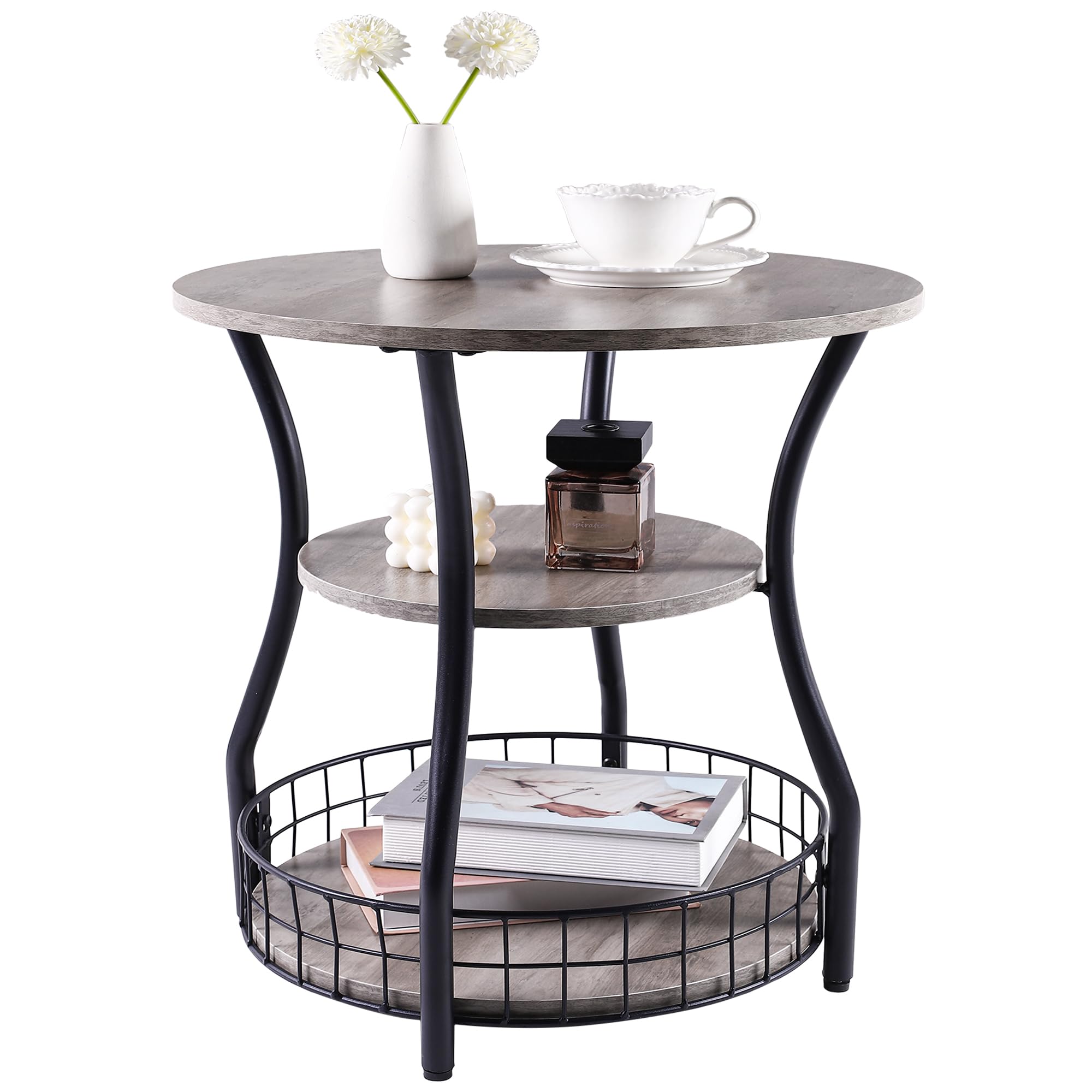 Small Side Table Round Accent End Table with Storage Shelves Basket, 3-Tier Corner Sofa Beside Table for Small Spaces,Nightstand for Living Room, Bedroom, Accent Coffee Table, Greige