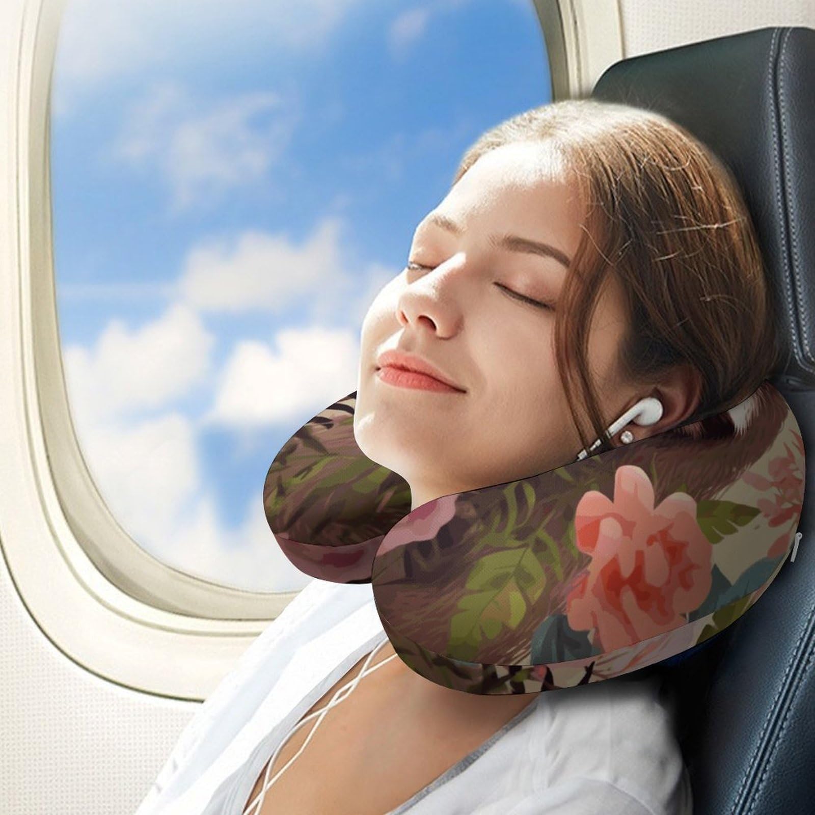 Poduszka w kształcie litery U z leniwcem i kwiatami, rdzeń poduszki z pianki z pamięcią kształtu, poduszka zapewniająca wsparcie szyi, poduszka podróżna, odpowiednia do samolotów, samochodów