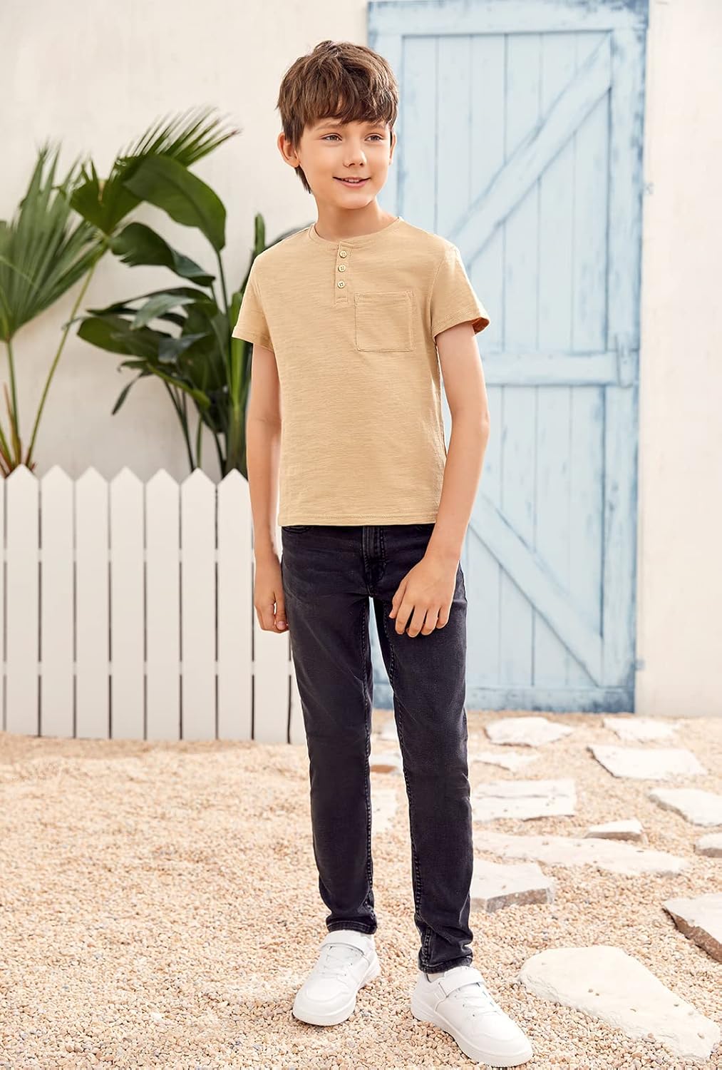 GAMISOTE Kids Boys Henley Shirts Solid Button Down Short Sleeve Pocket Casual Tops Tees - Image 6