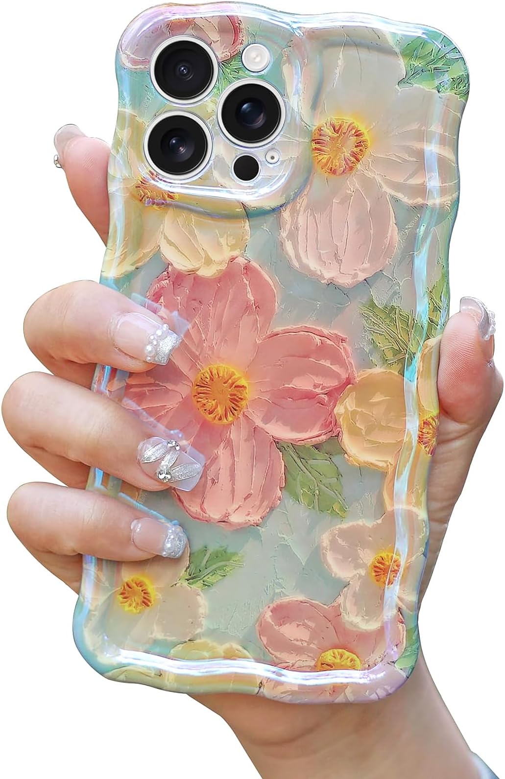 Cute Case Compatible with iPhone 16 Pro Max, Colorful Retro Oil Painting Printed Flowers Case, Floral Laser Beam Glossy Pattern Curly Waves Frame Shockproof Protective Cover for Girl Women