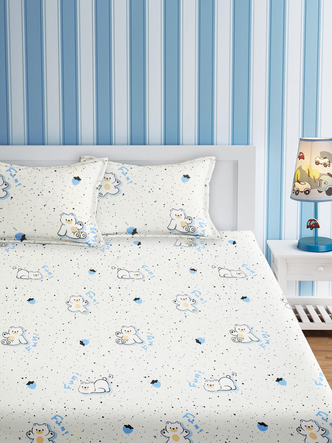 URBAN DREAM Kids Fun Teddy Print White and Blue BEDSHEET Set (Double Bed)-image-6