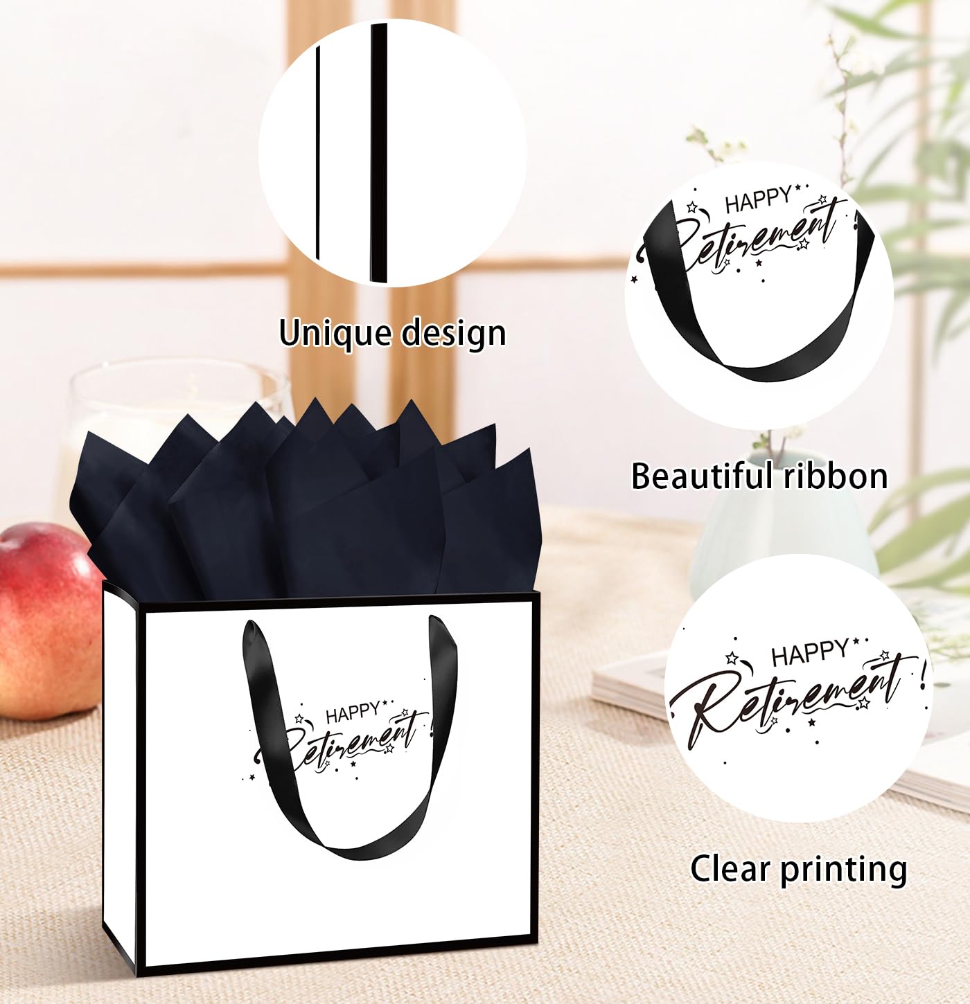 MUNILAIL 13 Inches Retirement Gift Bag Large White and Black Gift Bag with Handle Tissue Paper and Greeting Card for Women Men Retirement Going Away Farewell Party Large Paper Gift Bag