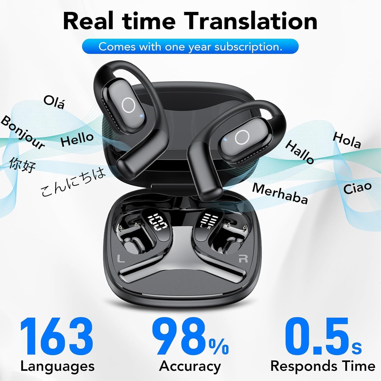 AI Translation Earbuds Real Time, 144 Language Translator Earbuds for iPhone and Android, 80H Playtime,3-in-1 Translation Headphones Translating Device, for Travel/Business/Meeting/Learning (Black)