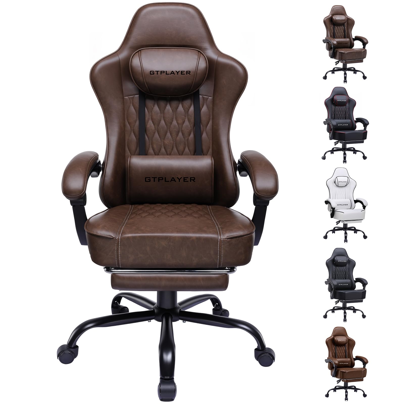 GTPLAYER Gaming Stuhl, Bürostuhl, Ergonomischer PC Stuhl, Höhenverstellbarer Drehstuhl,Armlehnen mit Synchronmechanik, Lendenkissen, Kopfkissen, bis 150 kg Belastbarkeit, Kunstleder