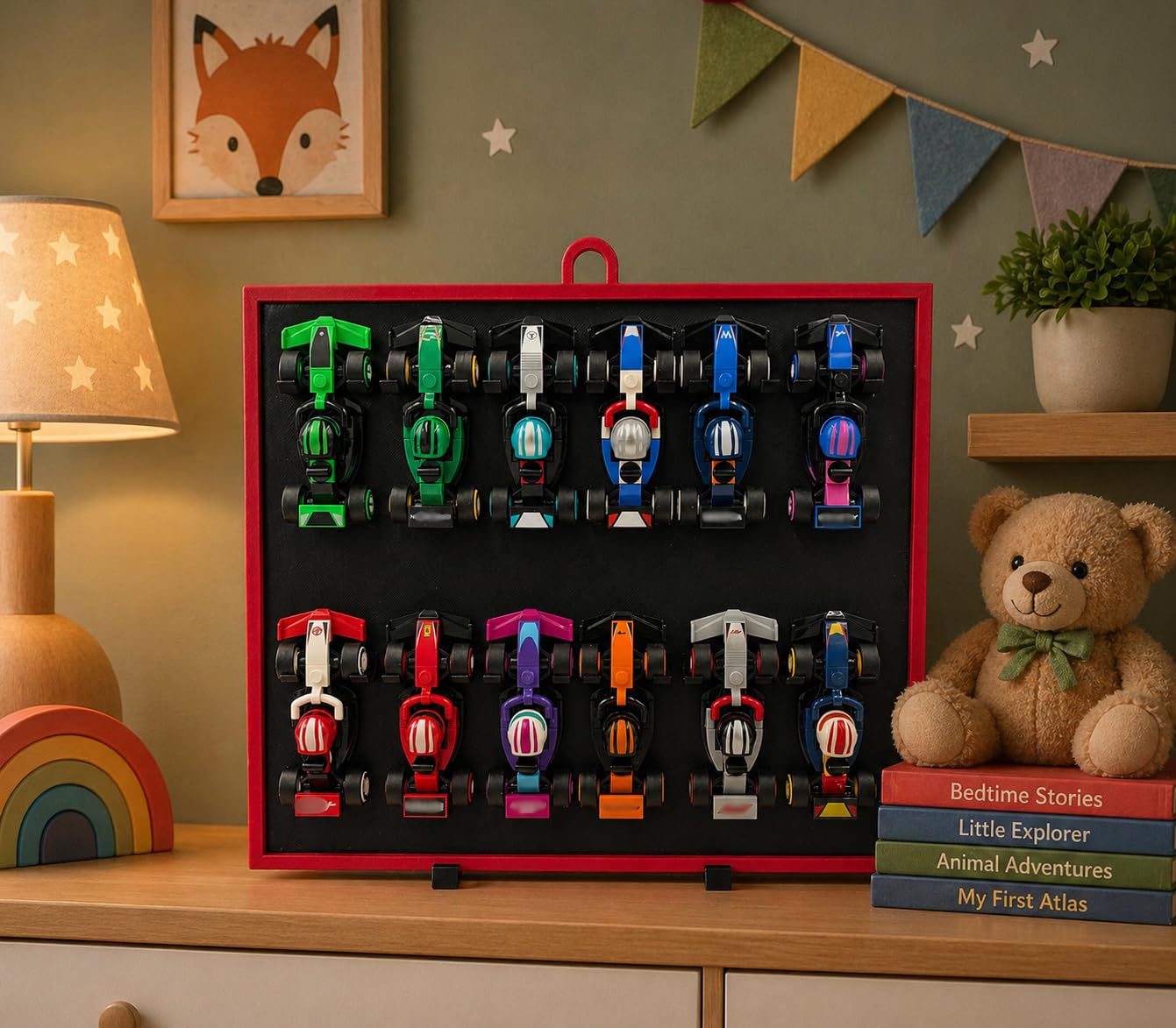 Display für LEGO 71049 F1 Minifiguren – Wandhalterung & Stand für 12 Boliden – 2in1 Display Rahmen für Wand & Regal – Motorsport Deko (Rot)