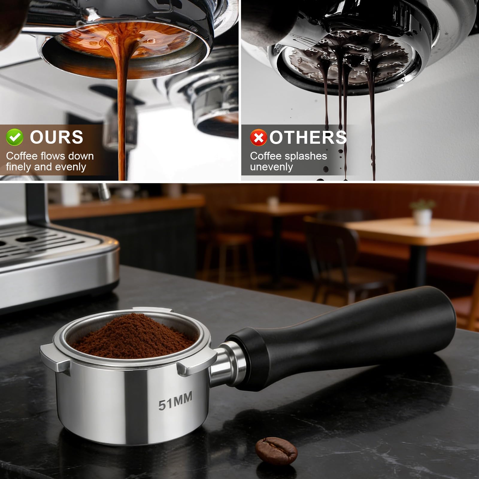 VINATO Portafiltro sin fondo 51 mm – Construcción completamente metálica | Compatible con DeLonghi EC680 / EC685 / EC885 / EC890