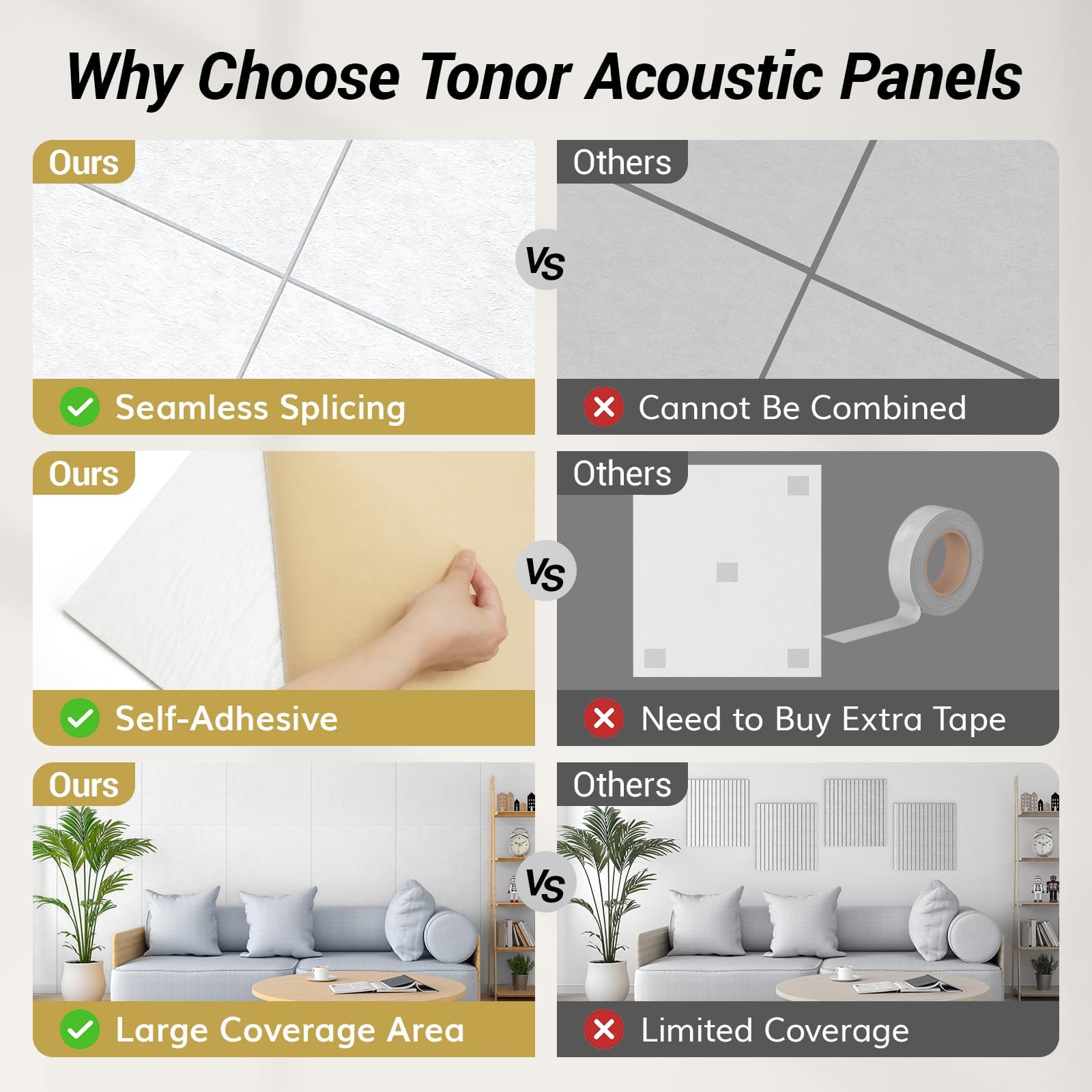 TONOR Paneles Decorativos para Pared, 4 Paneles 112x55 cm, Panel Acusticos Autoadhesivos para la Decorativo de Paredes Interiores, Estudio, Sala de Estar, Oficina, Gris Claro