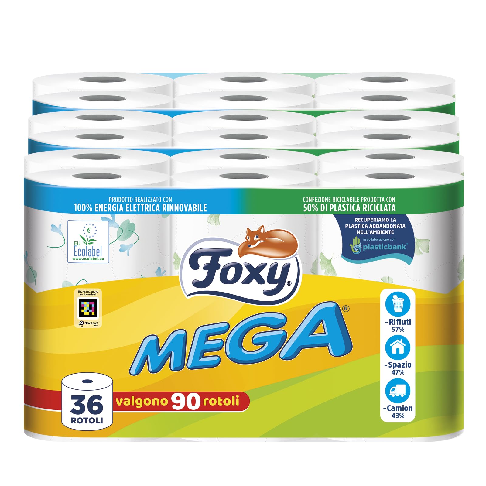 Foxy Mega | Carta igienica 36 rotoli| 480 strappi| Decorata |100% Energia elettrica rinnovabile| Confezione prodotta con plastica riciclata