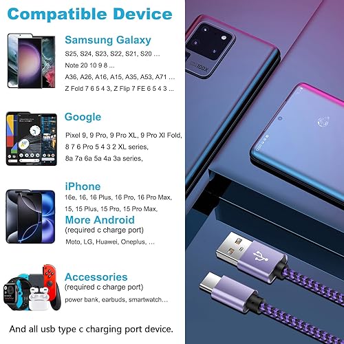 Miniatura 5 de Cable de 6 pies para Samsung Galaxy S25+ S25 Plus Ultra S24+ S24 FE S23+ S23 S22 S21 S20 S10 S10e, cable de alimentación para cargador de teléfono