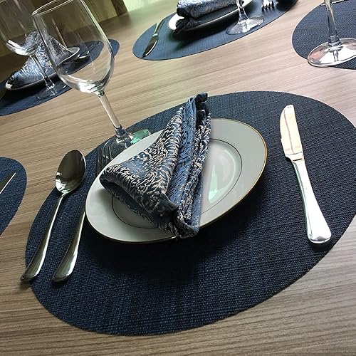 Miniatura 6 de WAZAIGUR Juego de 6 manteles individuales redondos de vinilo tejido fácil de limpiar, resistentes al calor, 15 pulgadas (azul marino 6)