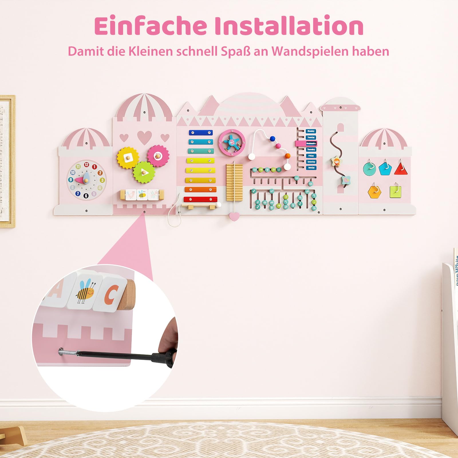 COSTWAY Montessori Motorikbrett, 11-in-1 Busy Board Holz mit Blöcken & Xylophon & Abakus, Montessori Spielzeug, Motorikboard für Kinder ab 1 Jahr