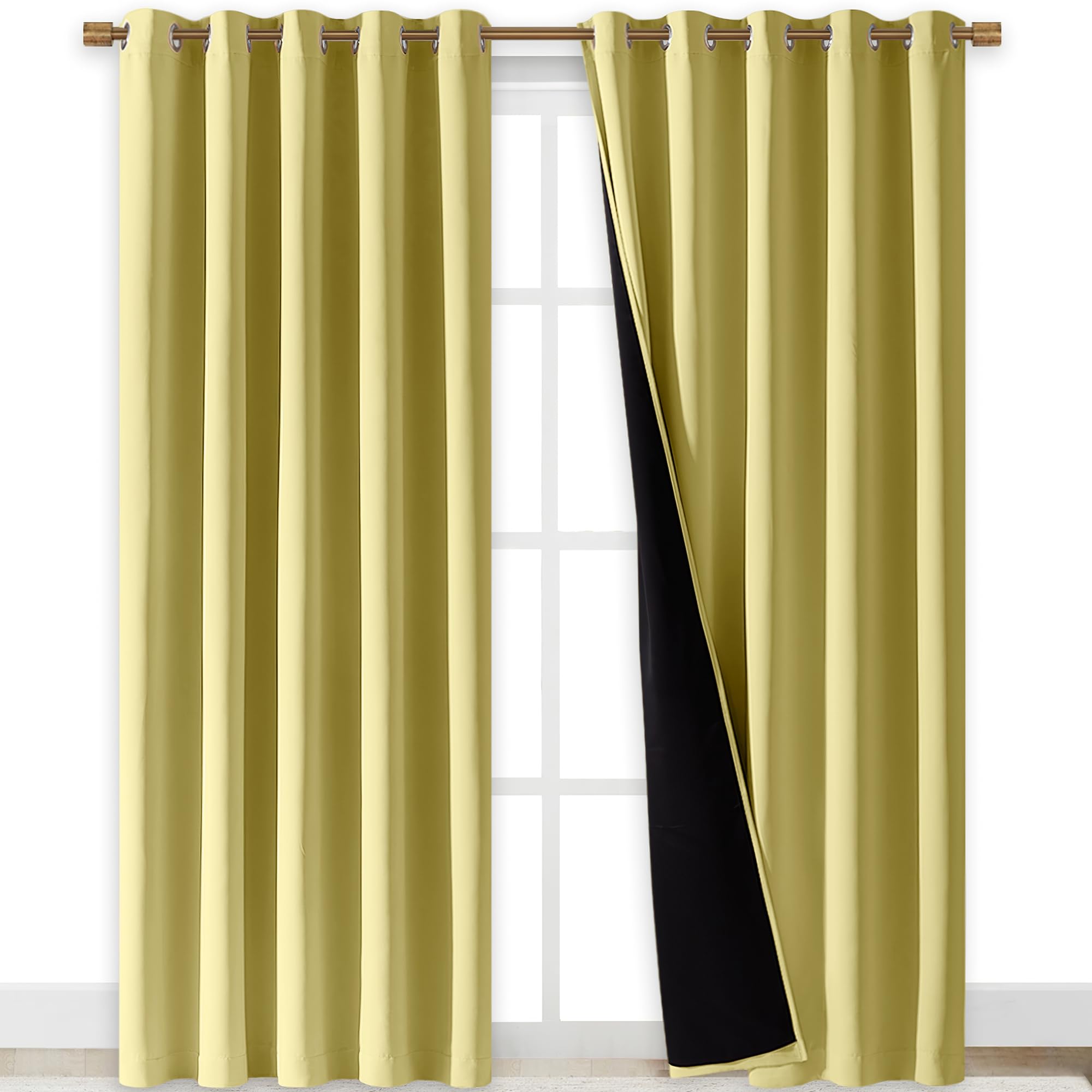 NICETOWN Total Shade Curtains and Draperies, Heavy-Duty Full Light Shading Drapes with Black Liner Backing for Villa/Hall/Dorm Window(Paler Yellow, Package of 2, 70 inches Wide x 95 inches Long)