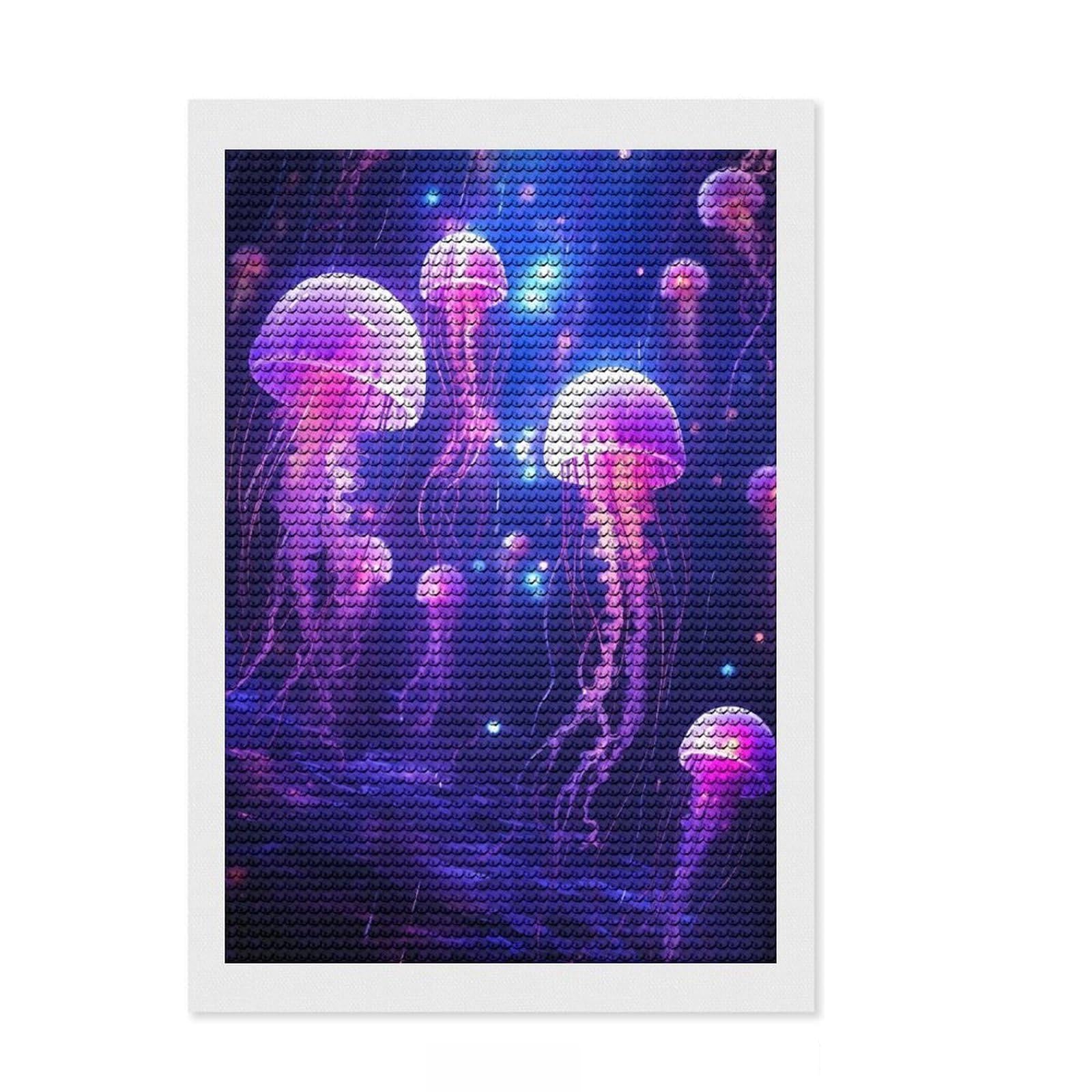 Junmoney Jellyfish Glowing Squad DIY Diamond Art Canvas Kit 8"x12", for Adults, Easy to Enjoy, Farmhouse Decor, Thoughtful Handmade Gift