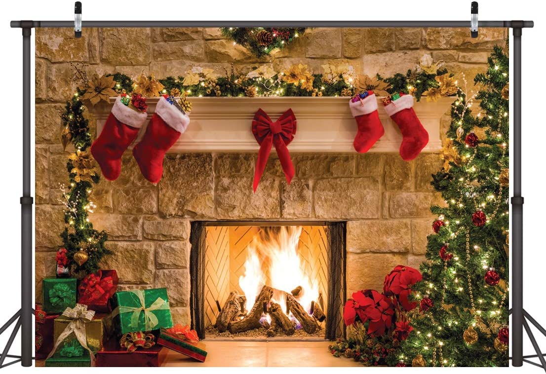 BPA® Christmas Fireplace Backdrop Christmas Backdrop Christmas Trees Backdrop Christmas Dinner Background Cloth Family Party Decorations Eve Fireplace Photography Background, 8x6 FT