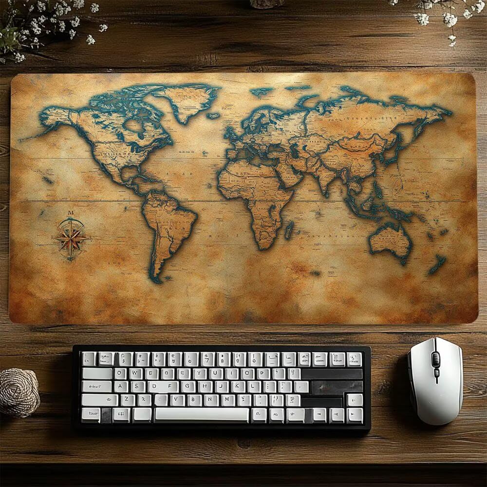 Tapis de Souris XXL 1000x400x3mm Imperméable Carte du Monde Tapis de Bureau Gaming pour Clavier Souris sans Fil Ordinateur Portable, Mouse Pad Paysage Bords Surpiqués Base Antidérapante model-0008