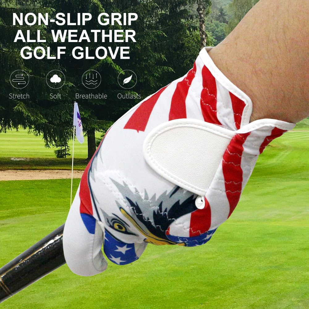 GOLTERS Golf Gloves for Men and Women Left Hand for Right Handed Golfer Eagle Printing Lycra Fiber Adjustable Closure Golf Glove (Woman's Eagle Golf Gloves, Medium)