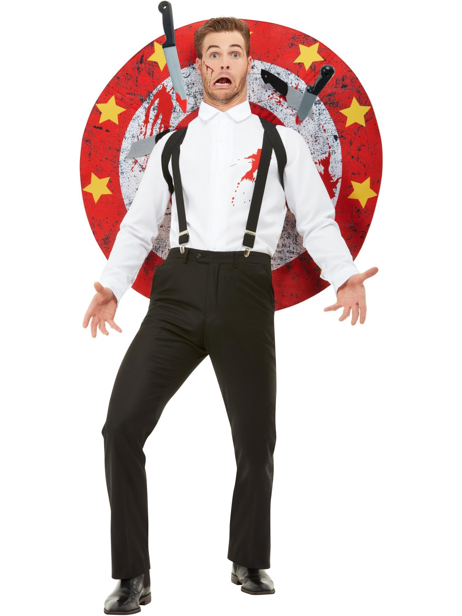 Smiffys Deluxe Knife Thrower Costume, Red & White with Shirt, Braces, Target Board & Fake Knives with hook & loop fastening, Circus Fancy Dress, Jester Dress Up Costumes