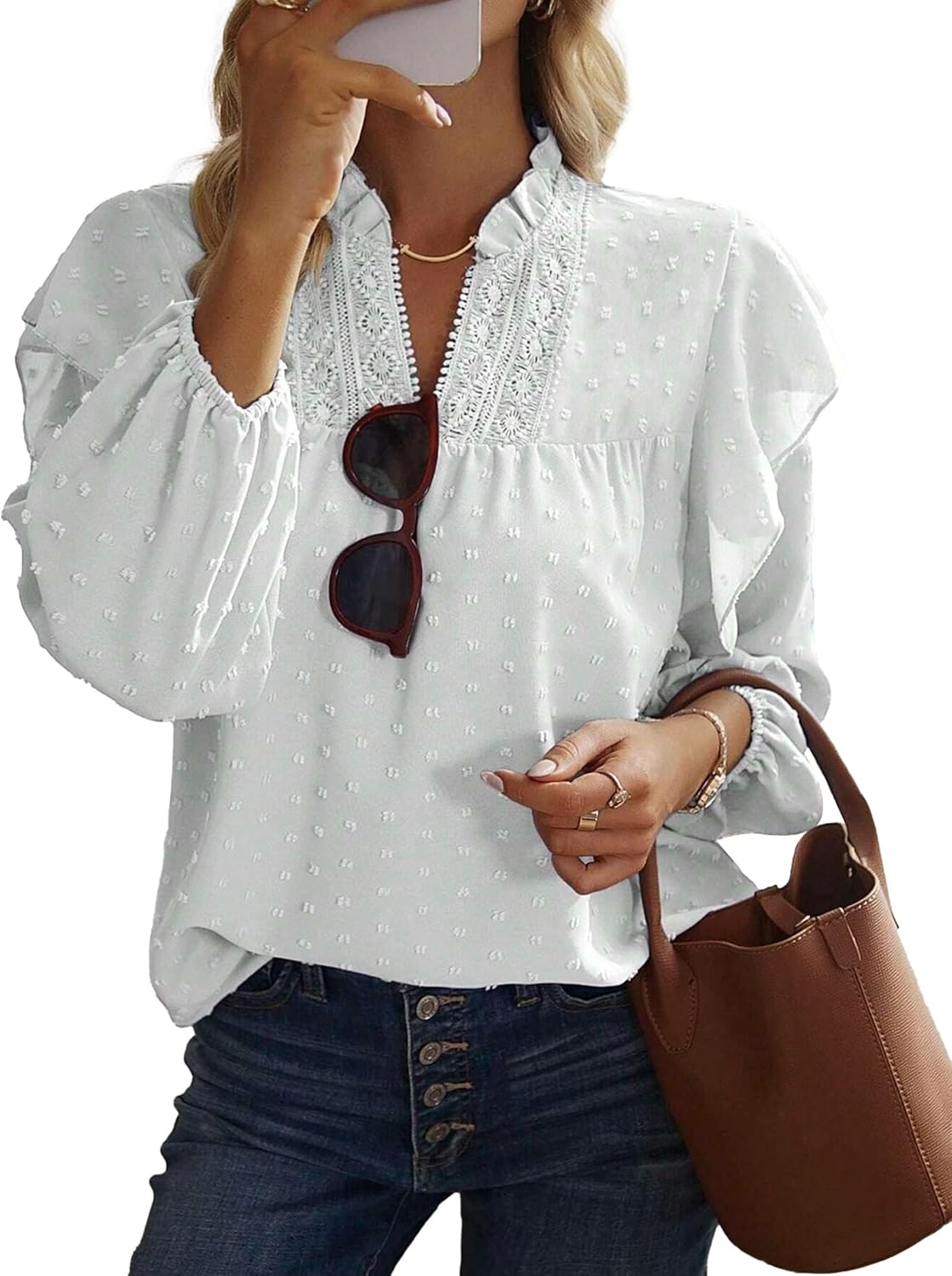 Womens Fall Long Sleeve Babydoll Tops Boho Lace Crochet Swiss Dot Dressy Casual Shirts Flowy Blouses Outfits - Image 3
