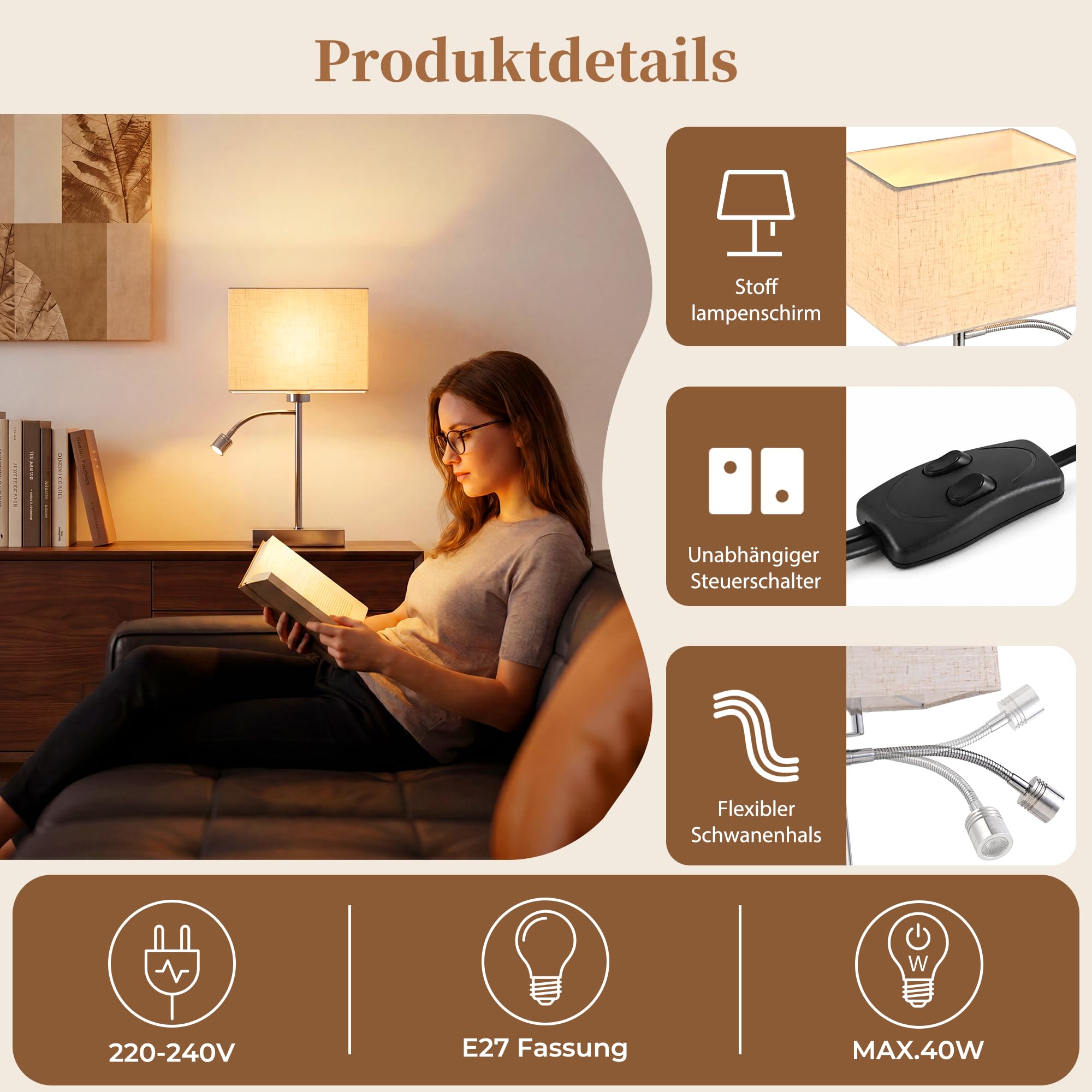 ZMH Lampada da tavolo con cavo, lampada da comodino a LED, E27, design moderno con paralume in tessuto, orientabile a 360°, interruttore separato, lampada da comodino in metallo, per camera da letto