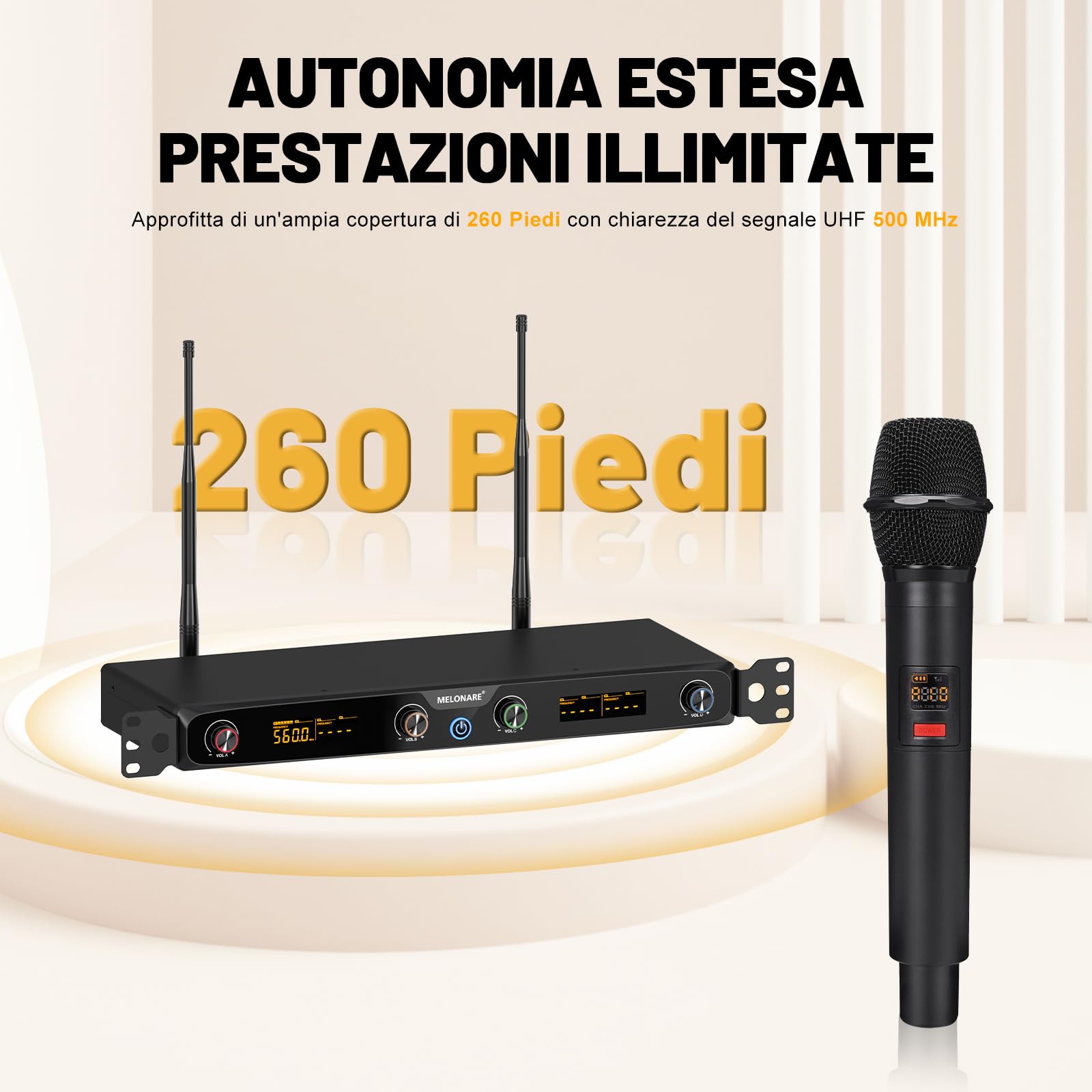 MELONARE Sistema Micro Wireless UHF Rack 4 Canali Handheld MWM-41F | 4 microfoni palmari dinamici, 4 x 10 frequenze, portata 260 ft, live, karaoke, chiesa, DJ