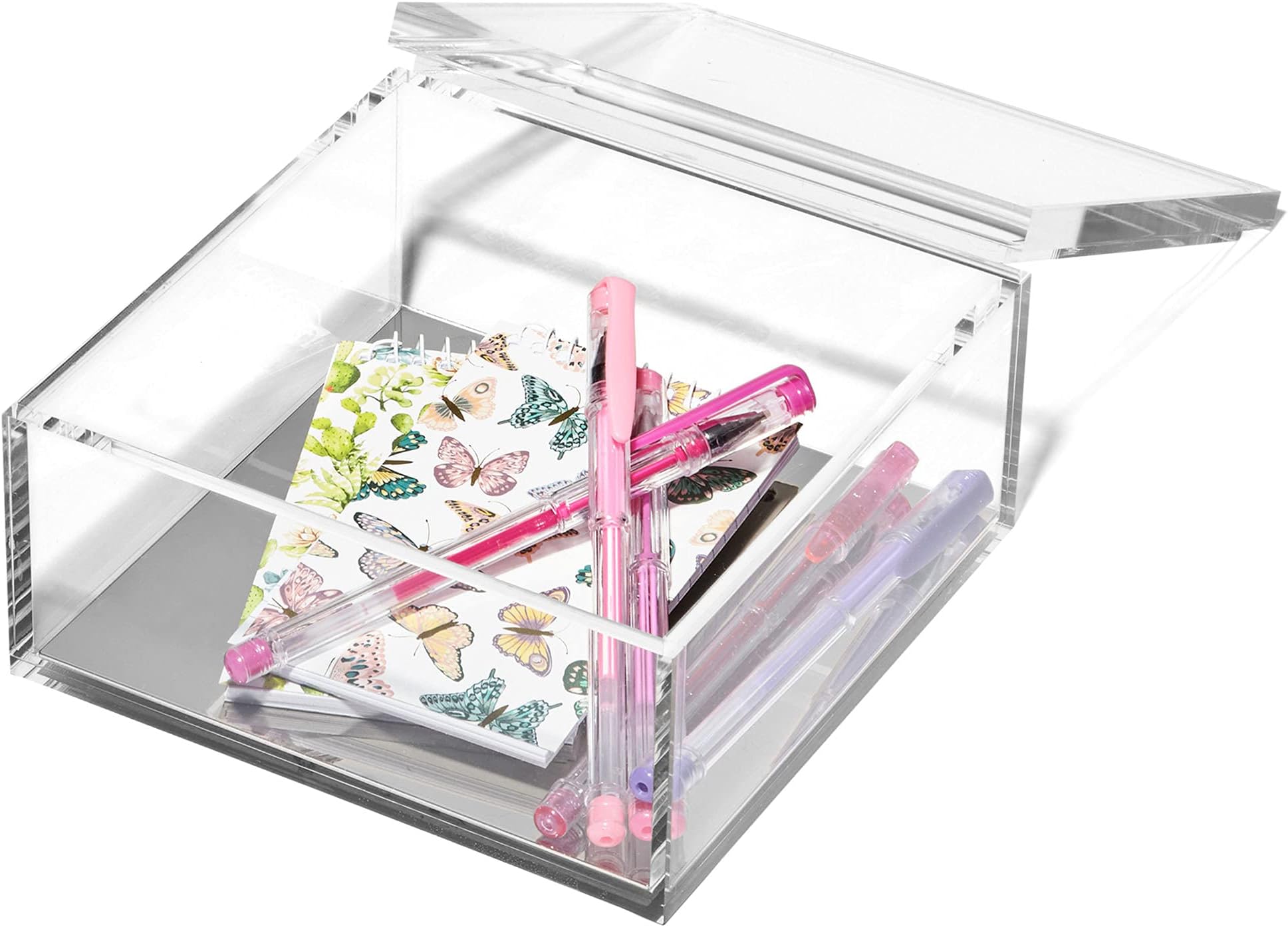 OfficeGoods Acrylic Desk Organizer w/Silver Base – Functional & Elegant Odds & Ends Box for Display or Storage – Perfect for Home or Office, Kitchen, Bathroom Vanity, Curio Display - Extra Large