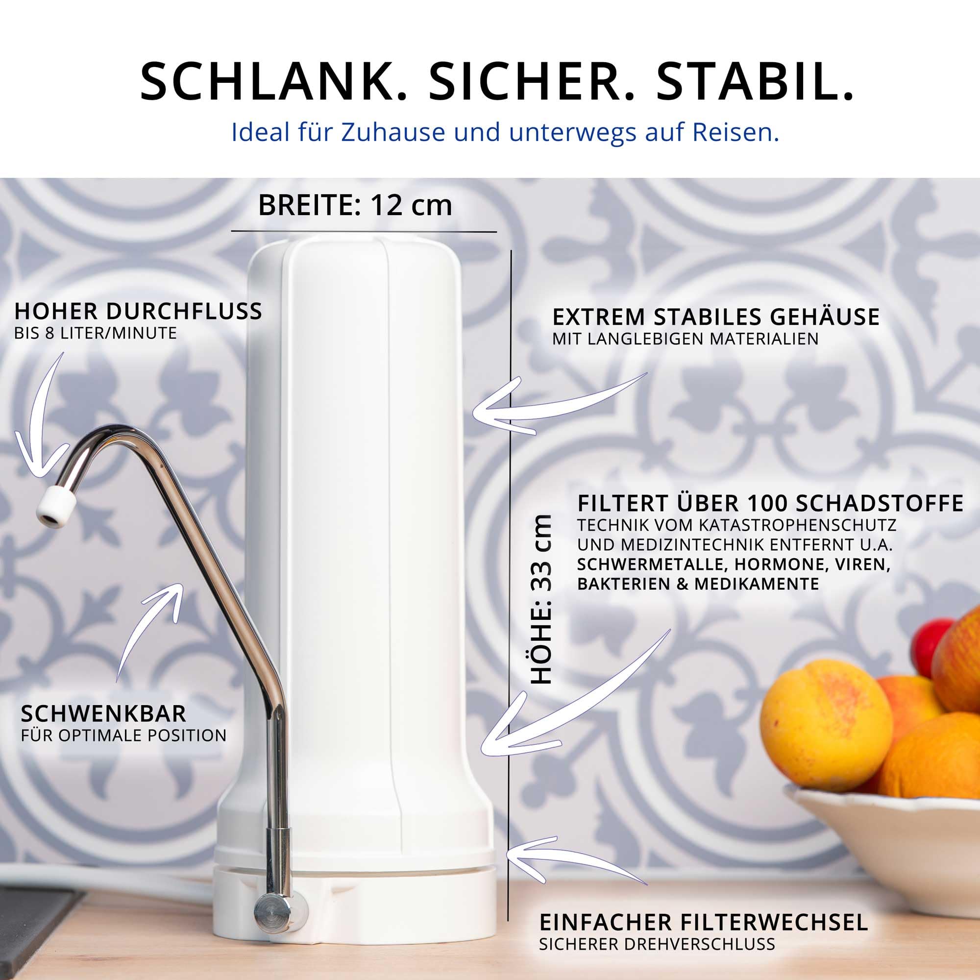 Auftisch Wasserfilter Küche Simply | Mikrofiltration entfernt Bakterien, Schadstoffe, Schwermetalle | hoher Durchfluss