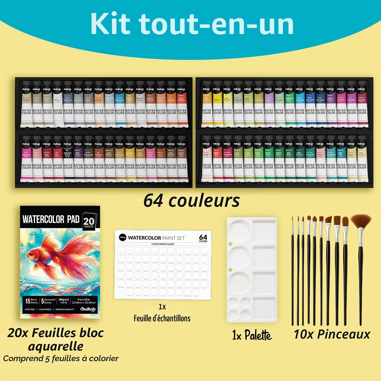 Chalkola Ensemble de peinture aquarelle – 64 tubes de peinture aquarelle (12 ml, 11,3 g), 10 pinceaux et 1 palette, 20 tampons d'aquarelle | Fournitures d'art pour adultes et débutants
