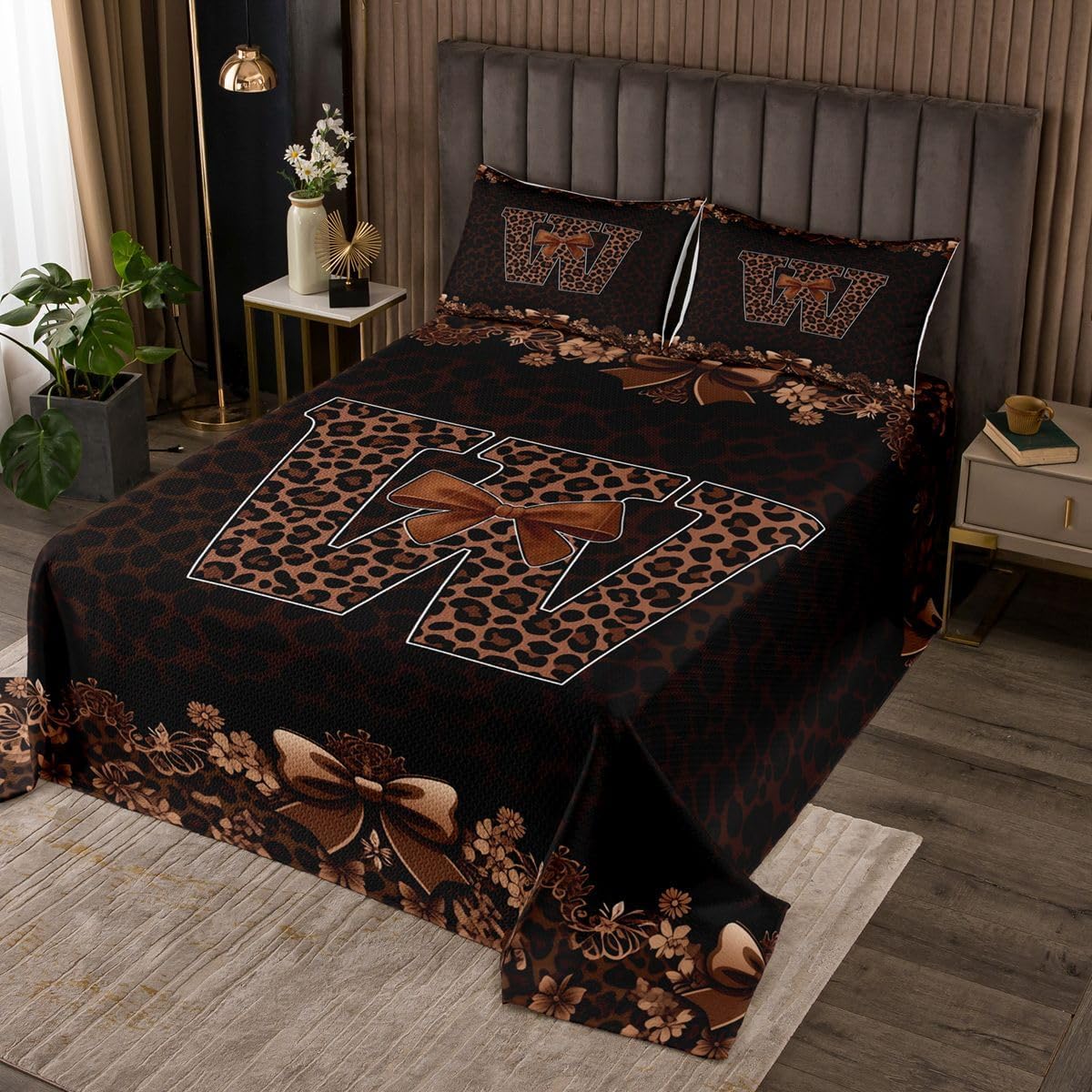 Feelyou Cheetah Bow Bedspread Queen Size Leopard Coquette Bow Coverlet Set Personalized Initial W Quilted Coverlet for All Season with 2 Pillowcases Dark Brown Fashion Microfiber Lightweight