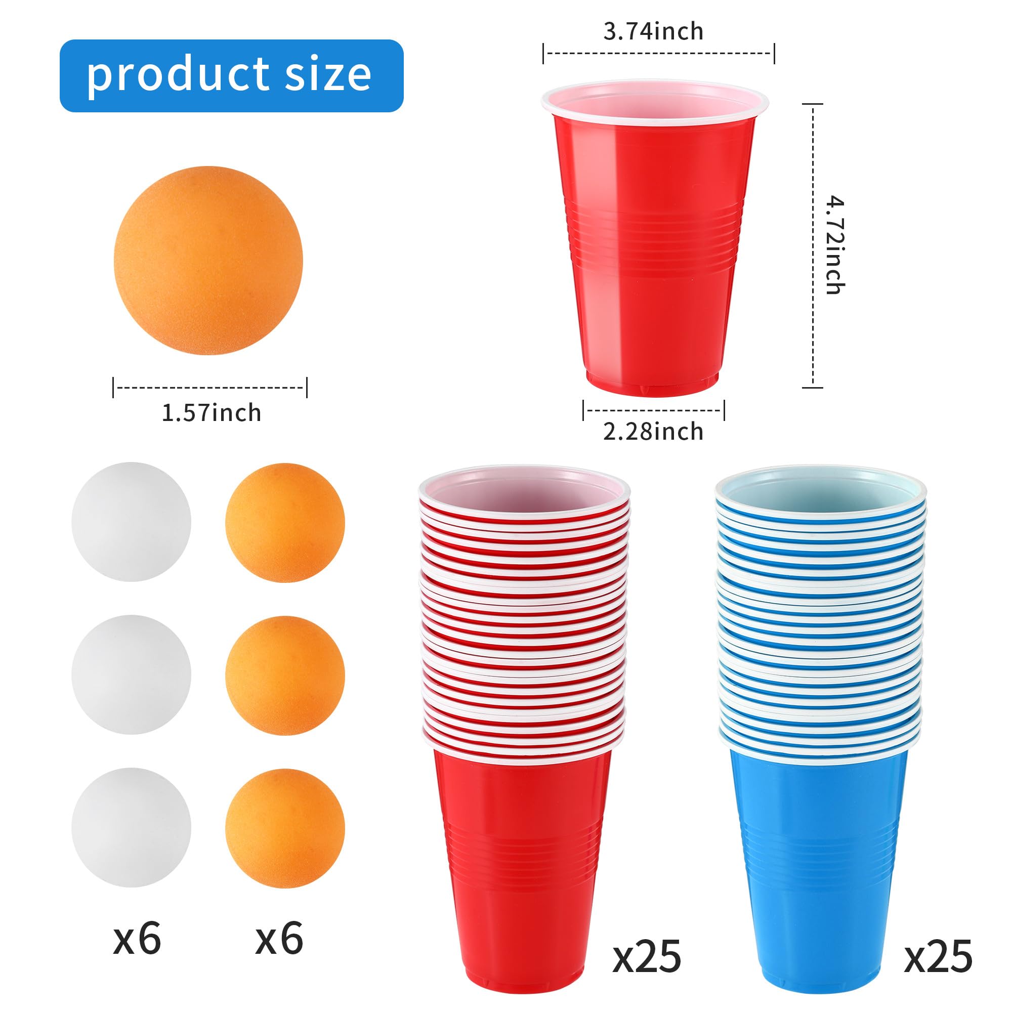 Beer Pong, 50 Bicchieri Beer Pong e 12 Palline da P ing Pong， 500ML Bicchieri da Birra Pong riutilizzabili，Ottimo per Cocktail Party, Giochi alcolici, Feste, Compleanni, Matrimoni, Campeggio