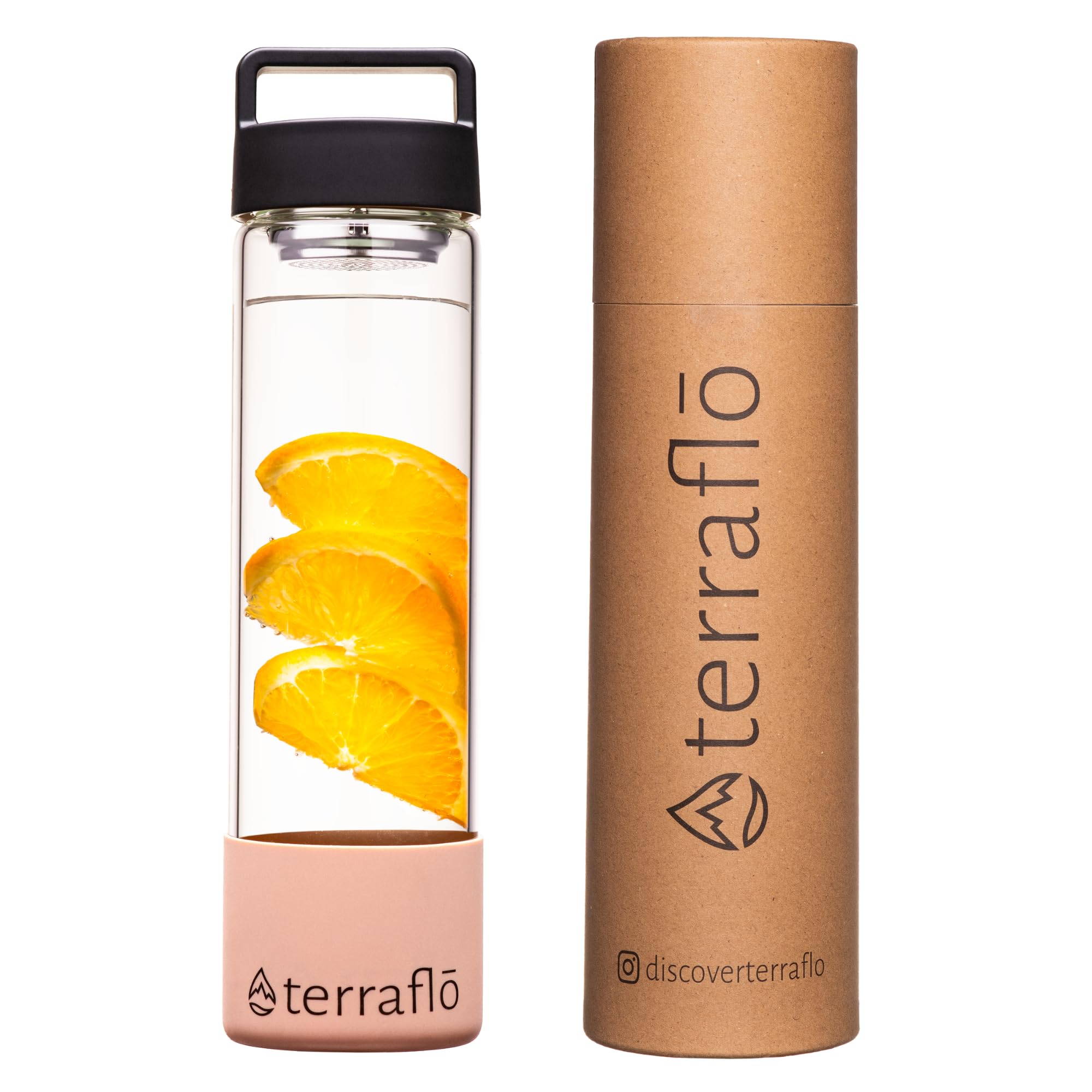 Terraflo Fruit Infuser Premium Glass Water Bottle 24 oz (700 mL) - Removable Anti-Slip Silicone Sleeve - Top Handle Lid - Stainless Steel Filter for Infusion - Infused Bottles for All (Black & Tan)