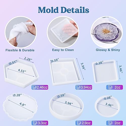 Miniatura 6 de LET'S RESIN Kit de posavasos de resina epoxi de 16 onzas con moldes y polvo de mica, manualidades para adultos, principiantes, ideal para