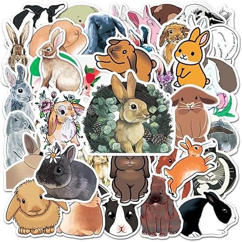 Miniatura 4 de Lindas 50 calcomanías de conejo de dibujos animados, calcomanías de conejo, vinilo impermeable, paquete colorido surtido para niños, adolescentes,