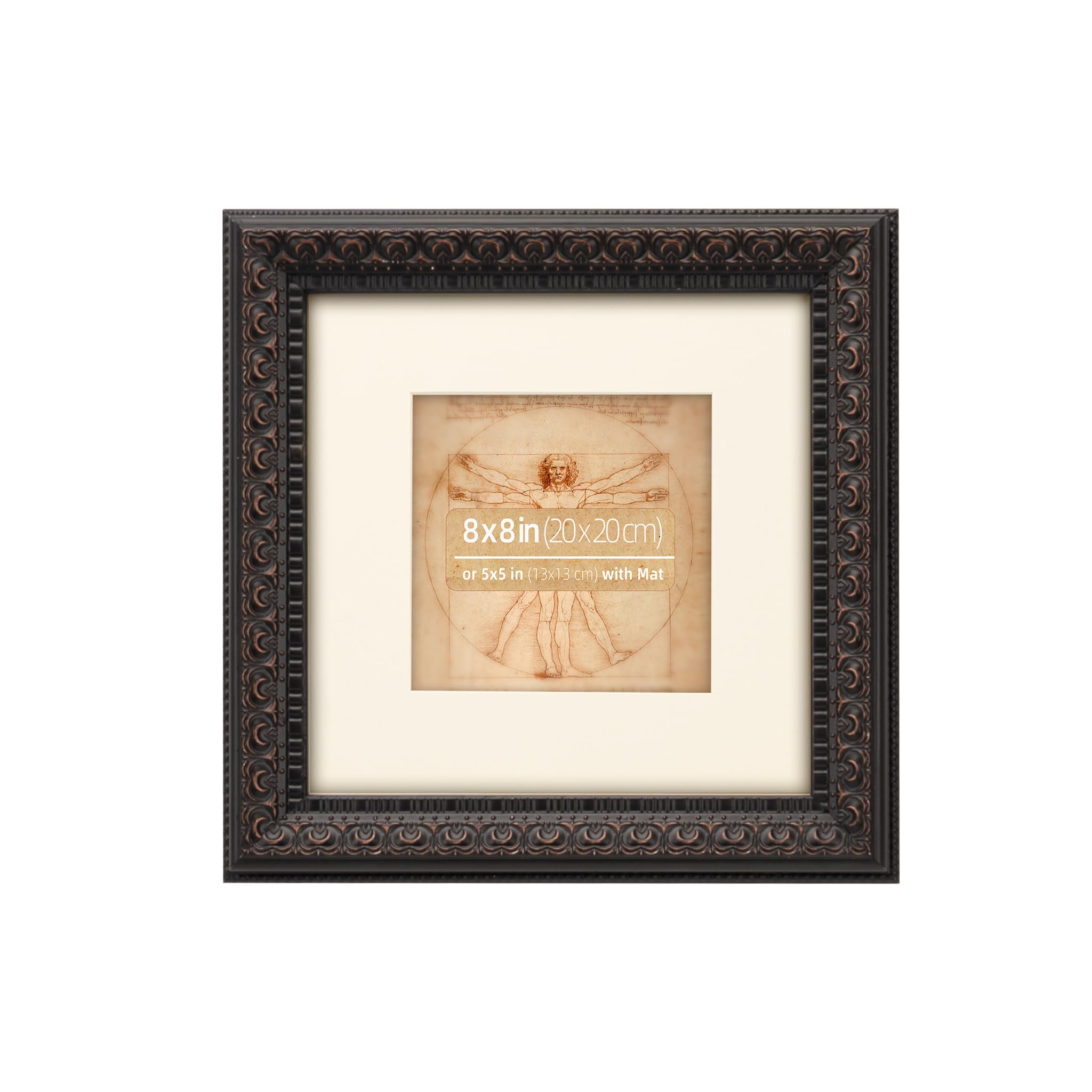 Eitida Rustic Black 8X8 Inch Wooden Picture Frame, Ornate Vintage Bronze Molding, Matted For 5X5 Photos, Wall Or Tabletop Display