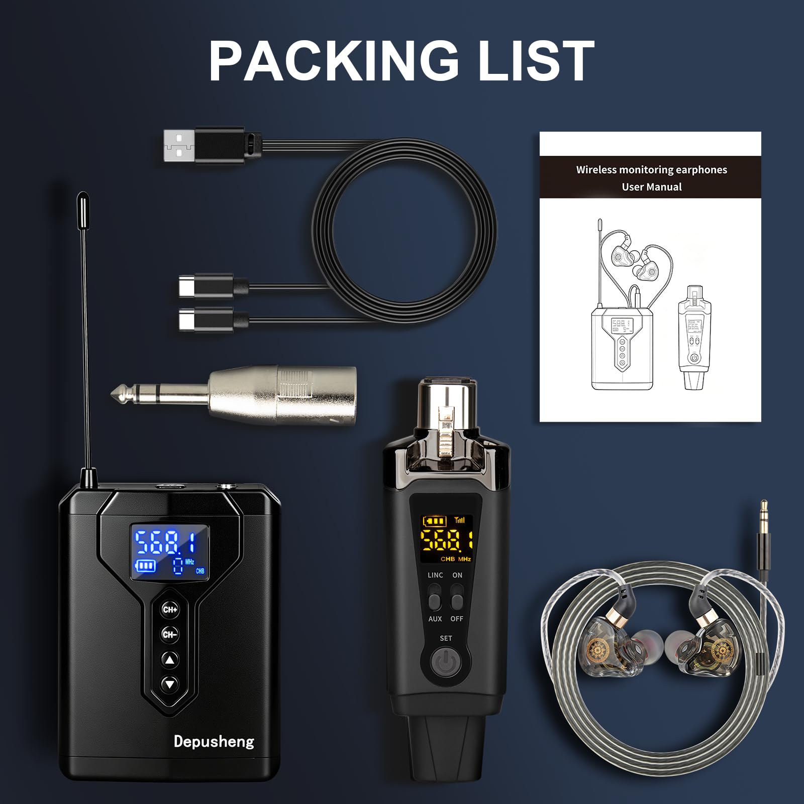 Depusheng MA5 Drahtloses In-Ear-Monitorsystem mit Sender und Empfängerclip, automatischer Kopplung, In-Ear-Monitoring für Studio, Gitarre, DJ und Live-Auftritte (1 Receiver + 1 Transmitter)