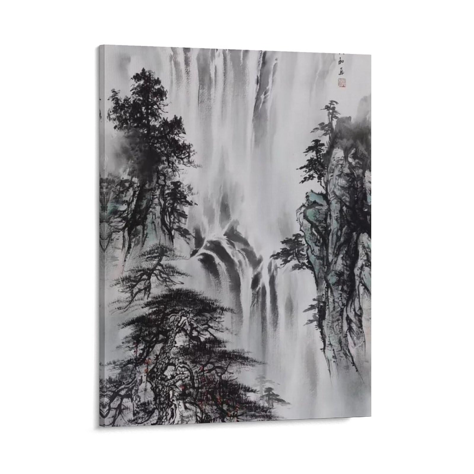 水墨画 滝と森林 木製フレーム付き