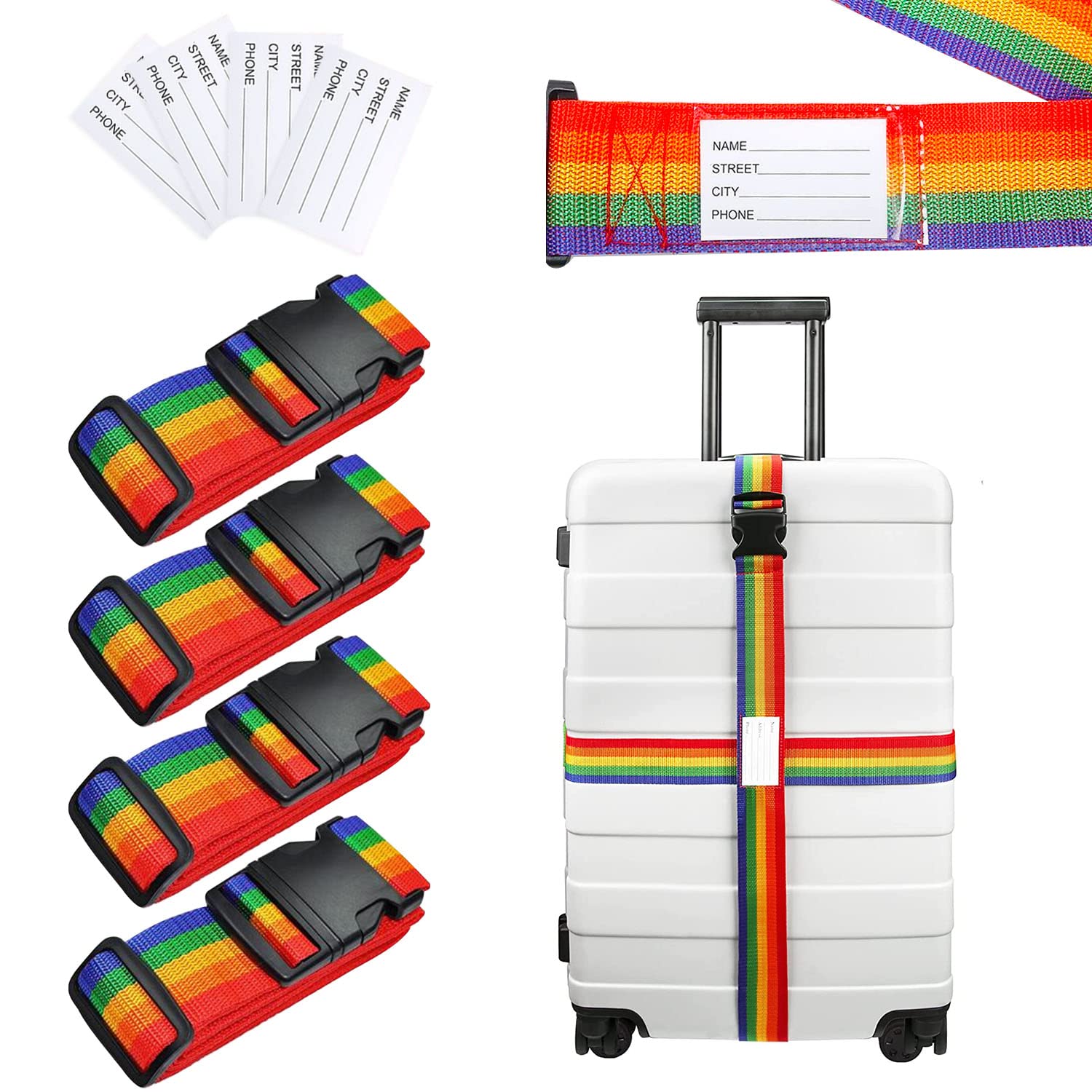AbnaokAbnaok Suitcase Straps, 4 Pack Personalised Luggage Straps Adjustable Travel Packing Straps with Quick Release Buckle (Rainbow)