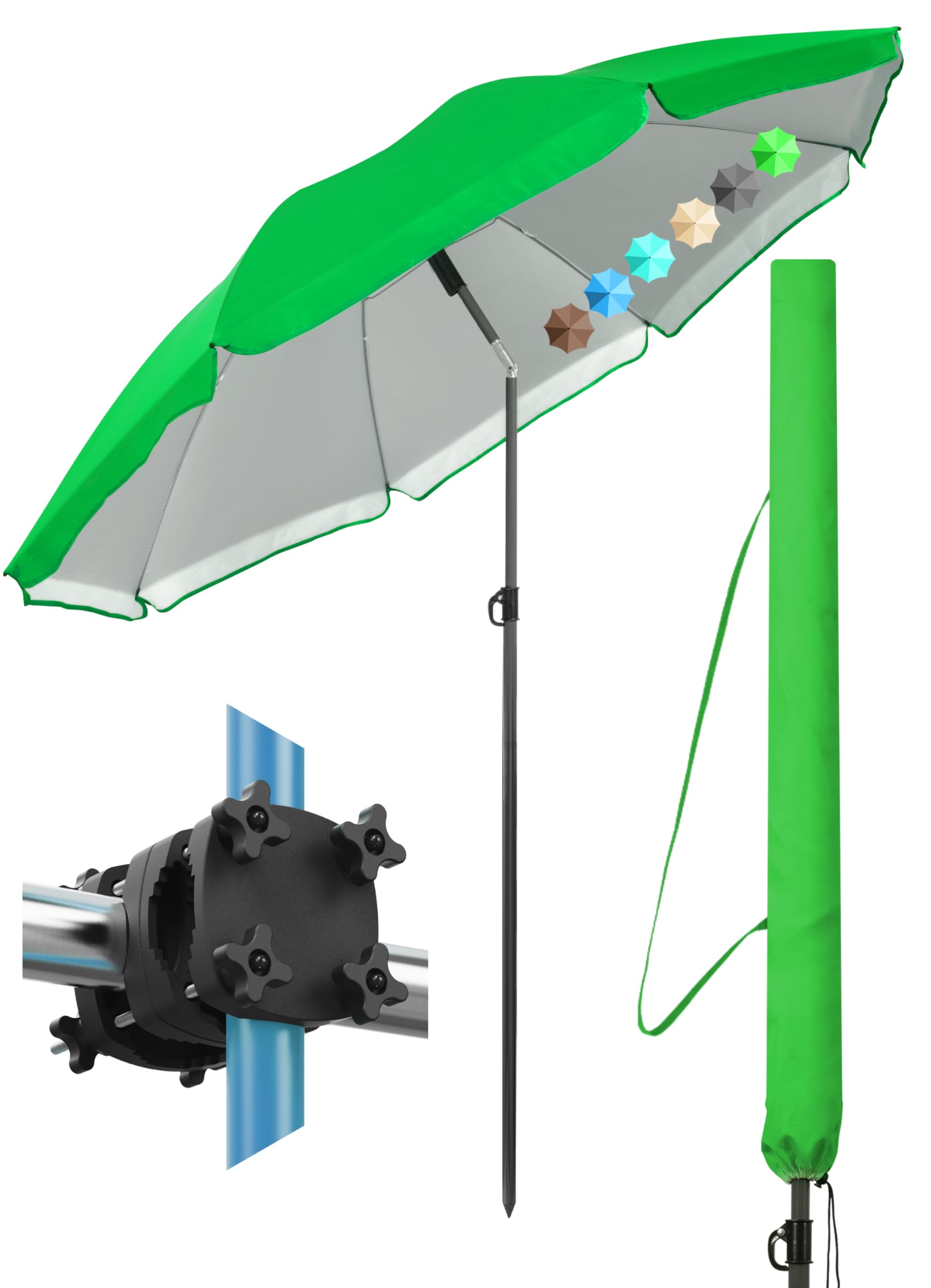 4smile Sonnenschirm Balkon SunnyJoy, 3-in-1 SET, Grün - UPF 50+ Sonnenschirm Ø 160 cm + SunnyGuy Sonnenschirmhalter Balkongeländer + Sonnenschirmhülle - Sonnenschutz Balkon Set